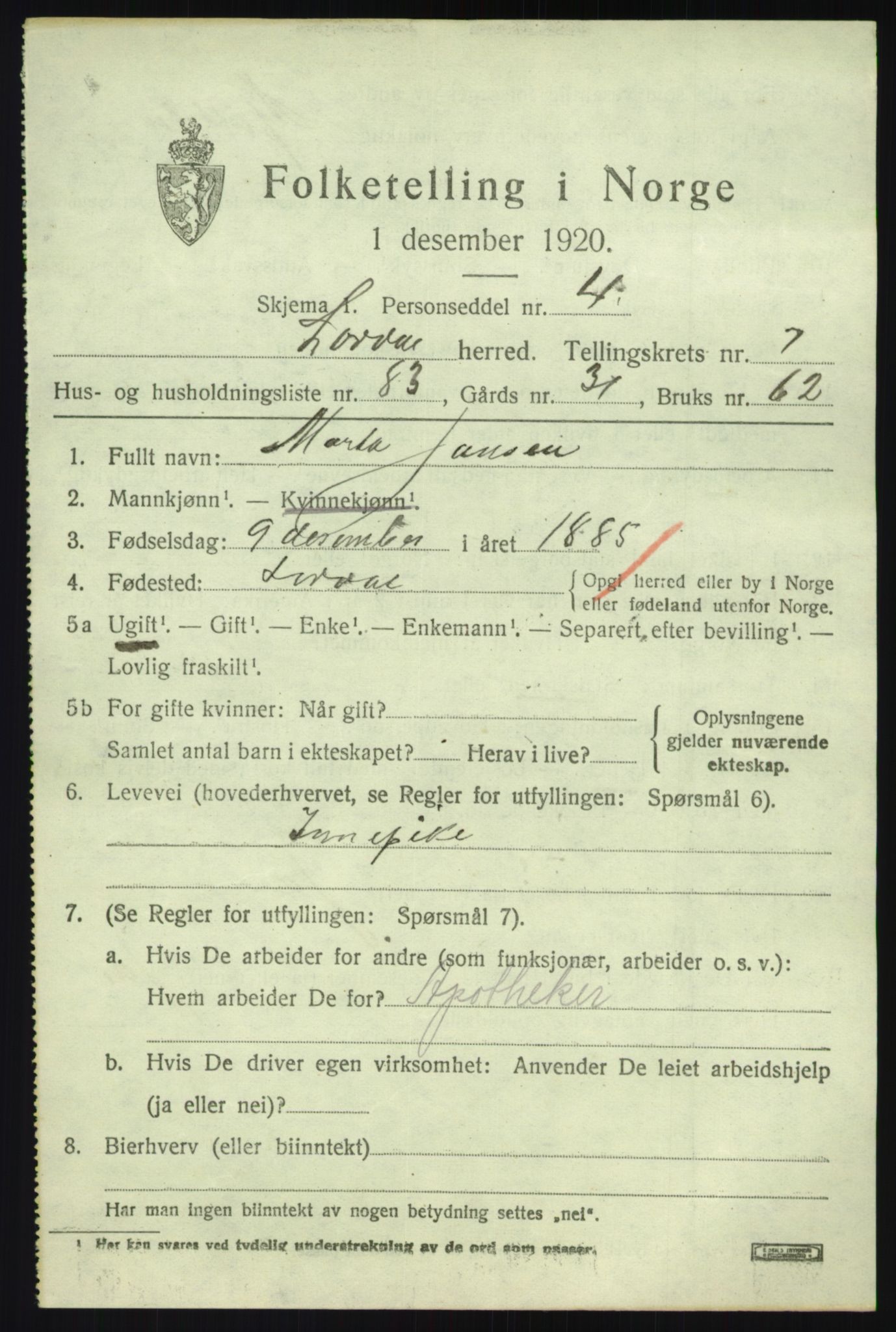 SAB, 1920 census for Lærdal, 1920, p. 3938