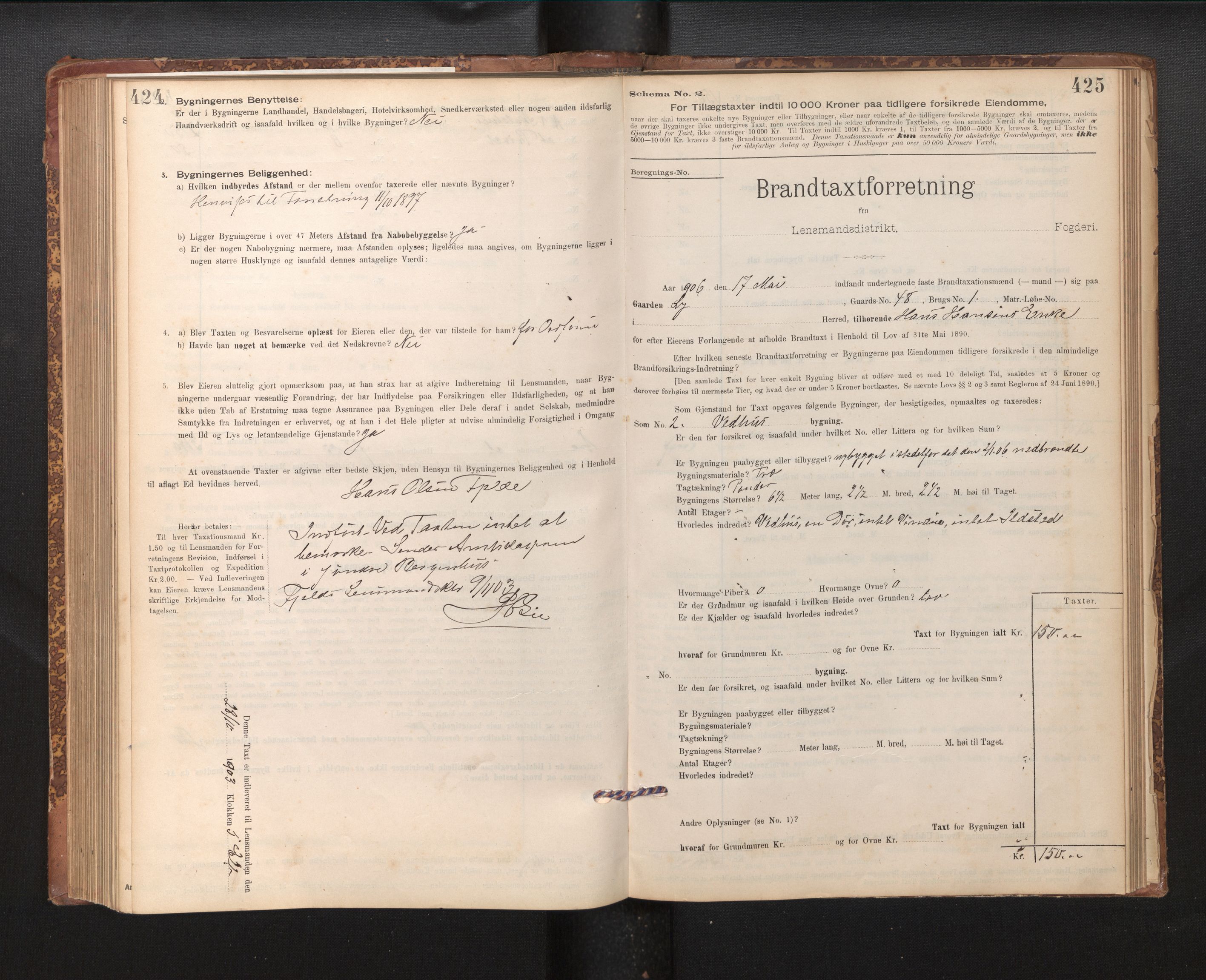 Lensmannen i Fjell, SAB/A-32301/0012/L0005: Branntakstprotokoll, skjematakst, 1895-1931, p. 424-425