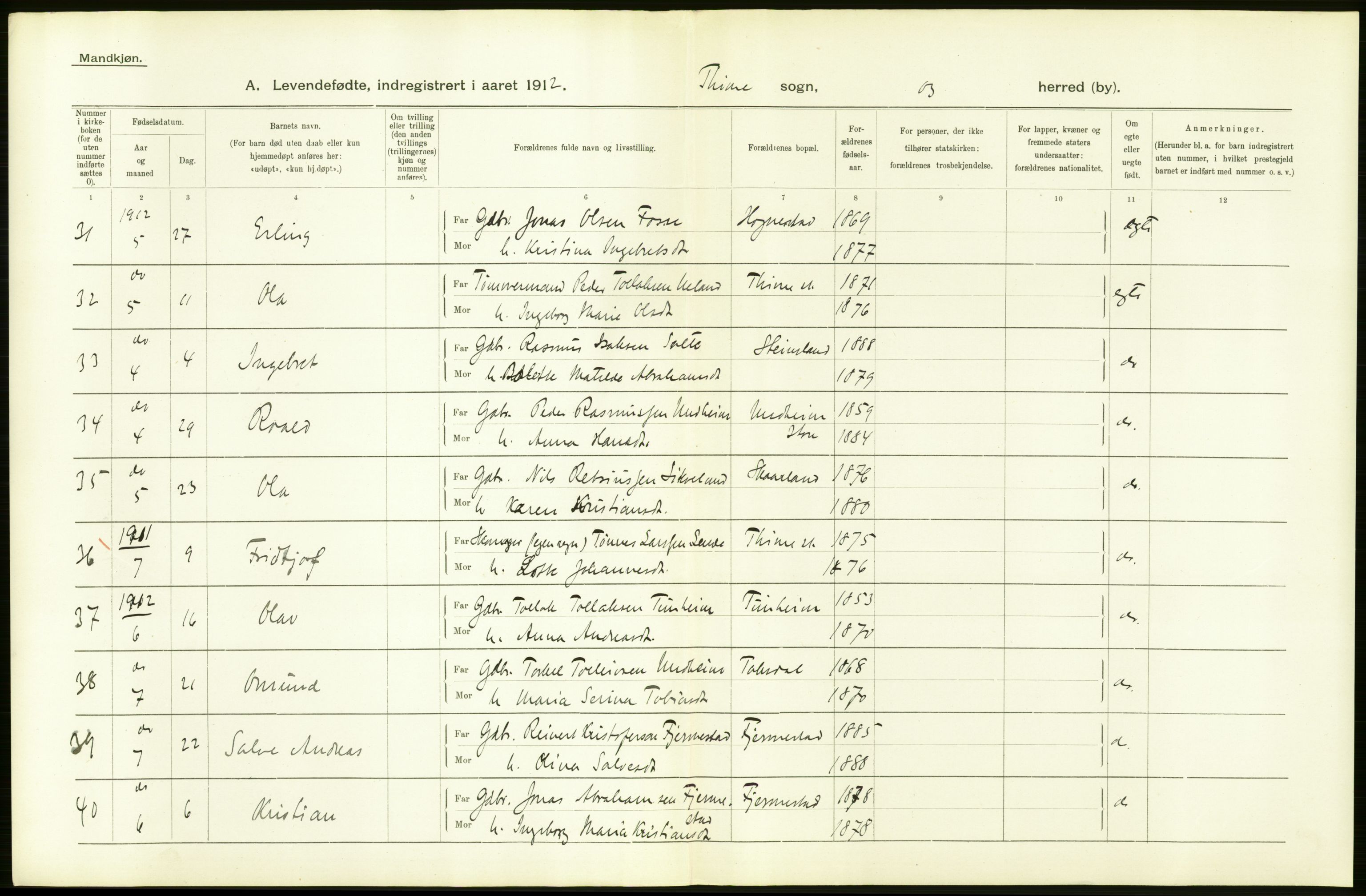 Statistisk sentralbyrå, Sosiodemografiske emner, Befolkning, AV/RA-S-2228/D/Df/Dfb/Dfbb/L0026: Stavanger amt: Levendefødte menn og kvinner. Bygder., 1912, p. 8