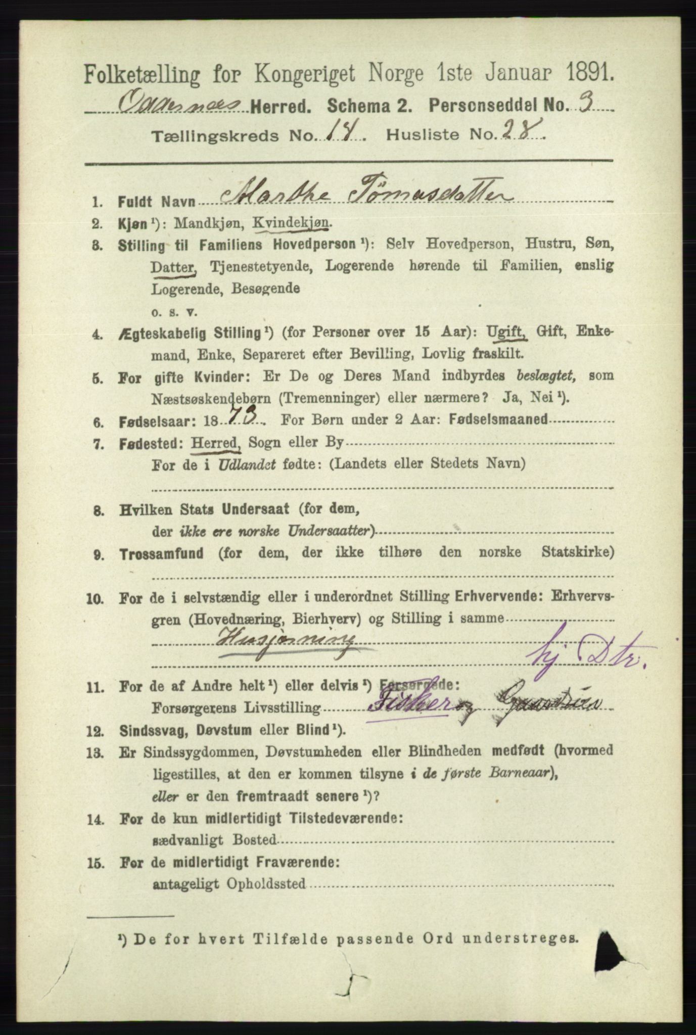 RA, 1891 census for 1012 Oddernes, 1891, p. 5003