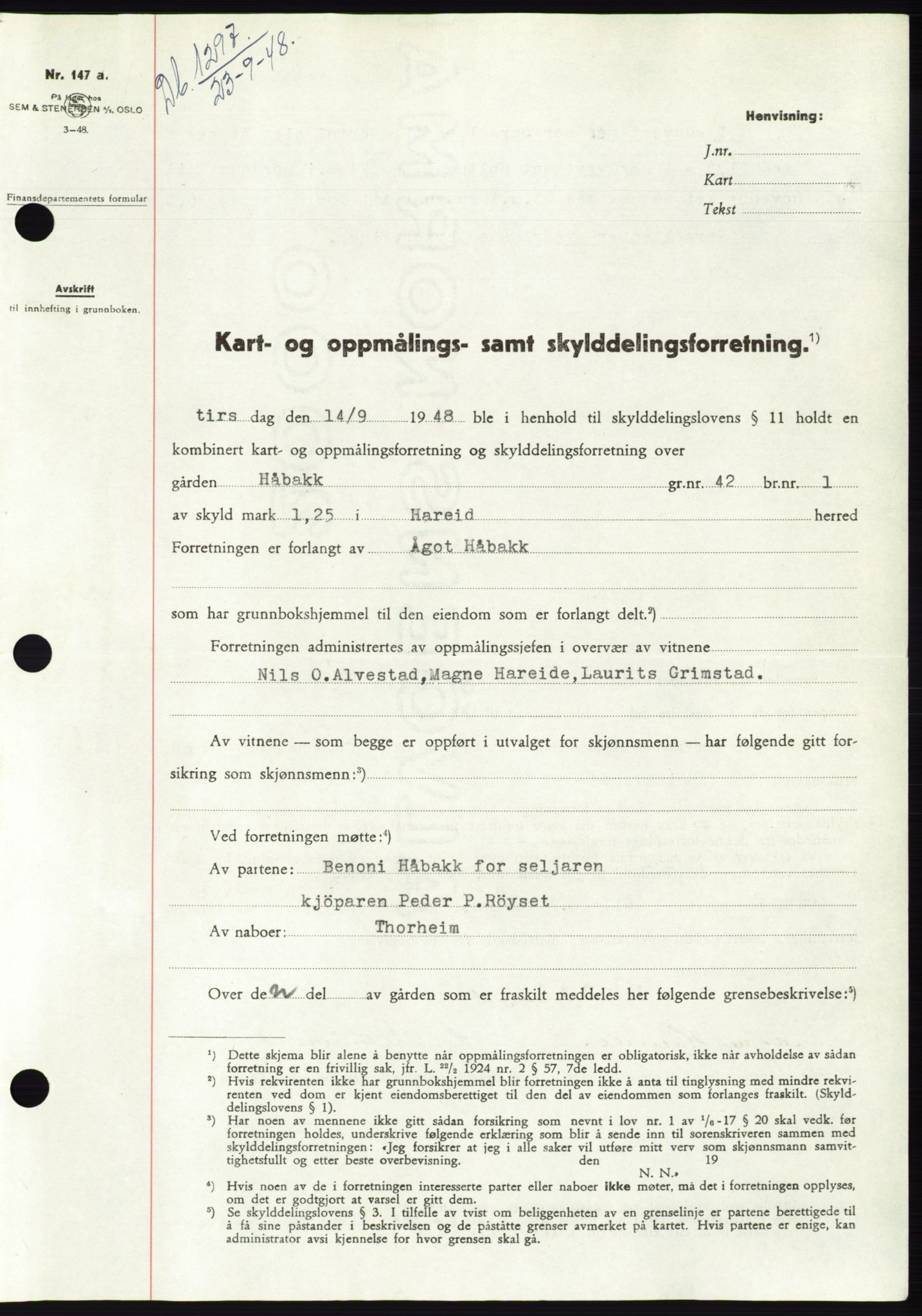 Søre Sunnmøre sorenskriveri, AV/SAT-A-4122/1/2/2C/L0083: Mortgage book no. 9A, 1948-1949, Diary no: : 1297/1948