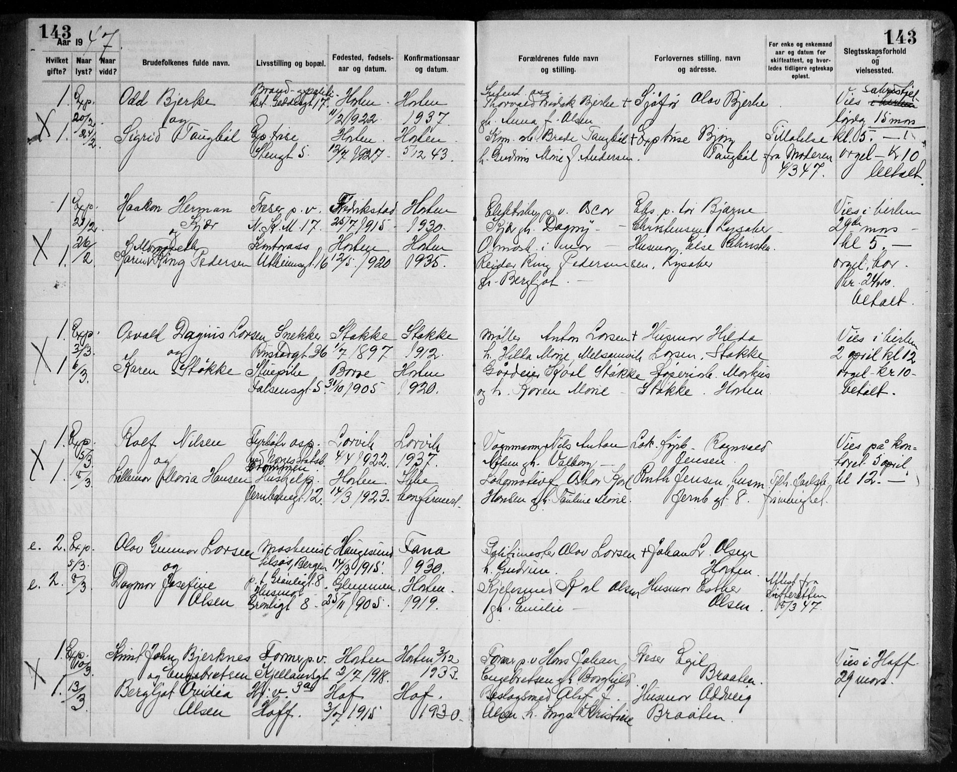 Horten kirkebøker, AV/SAKO-A-348/H/Ha/L0007: Banns register no. 7, 1934-1947, p. 143