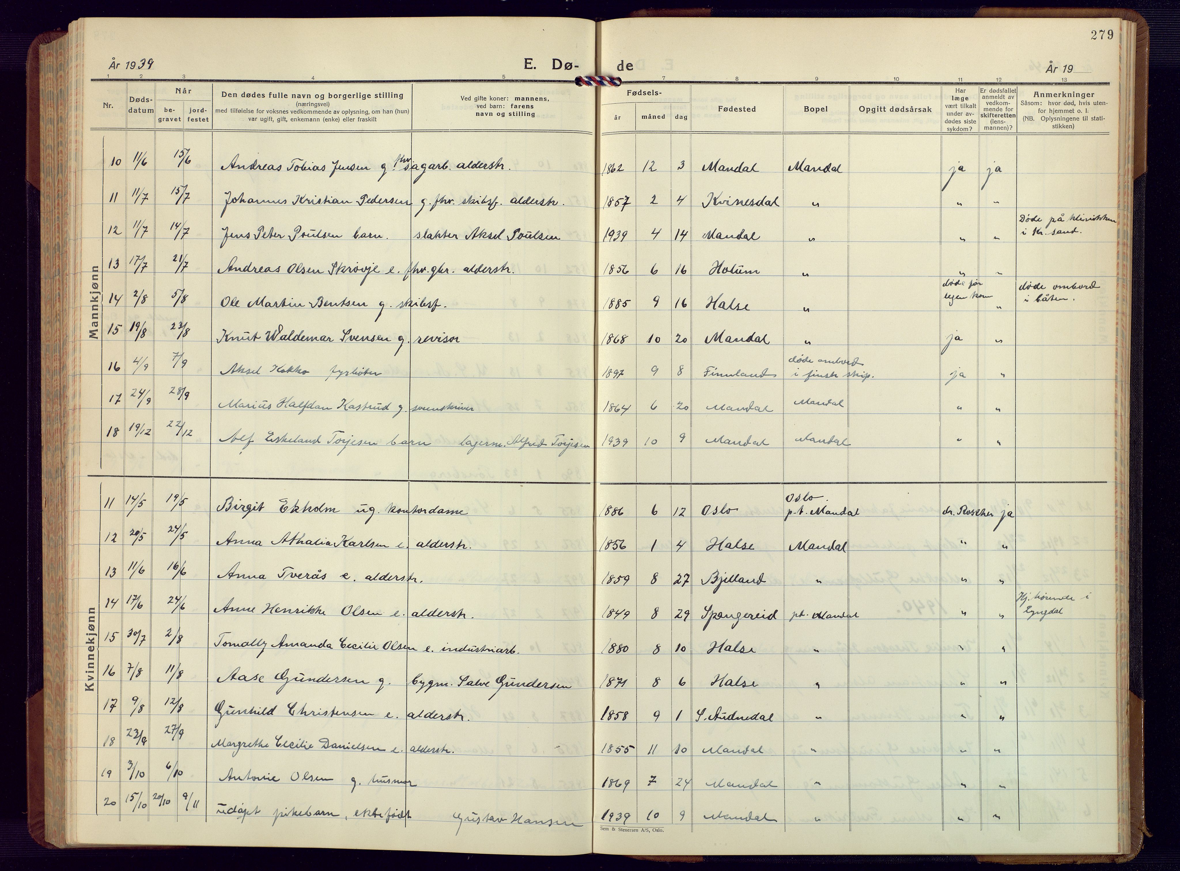 Mandal sokneprestkontor, SAK/1111-0030/F/Fb/Fbc/L0002: Parish register (copy) no. B 2, 1931-1949, p. 279