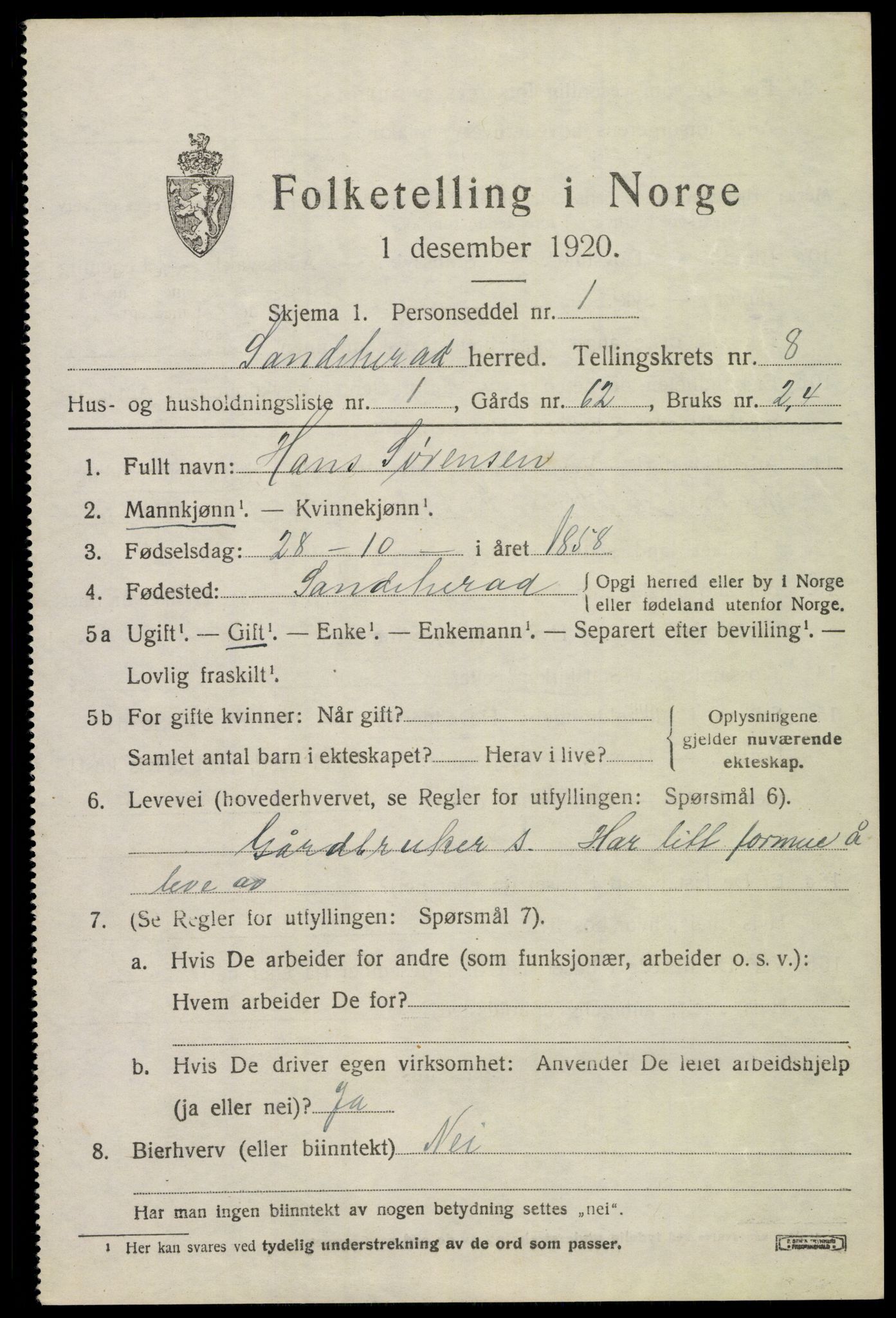 SAKO, 1920 census for Sandeherred, 1920, p. 12714