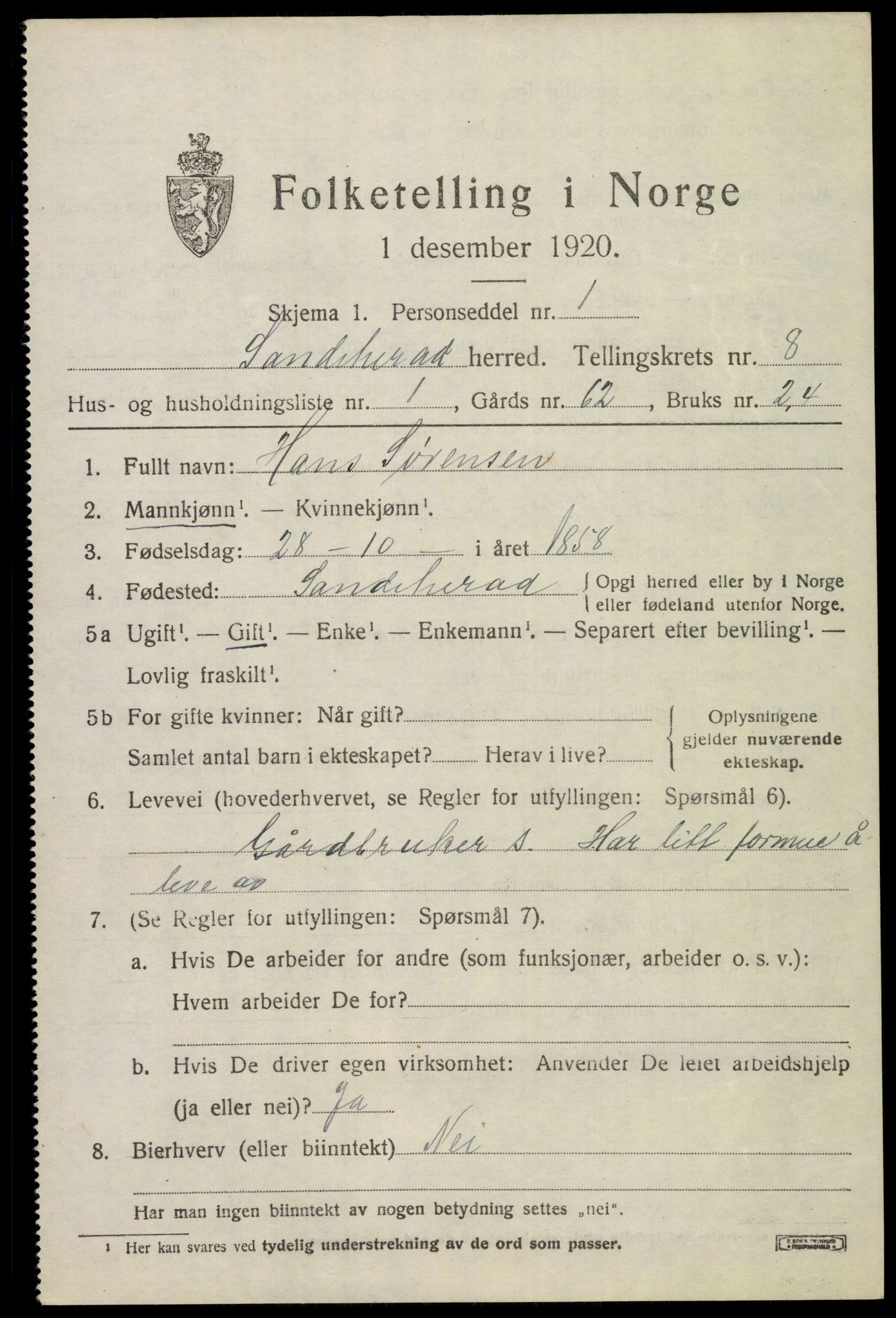 SAKO, 1920 census for Sandeherred, 1920, p. 12714