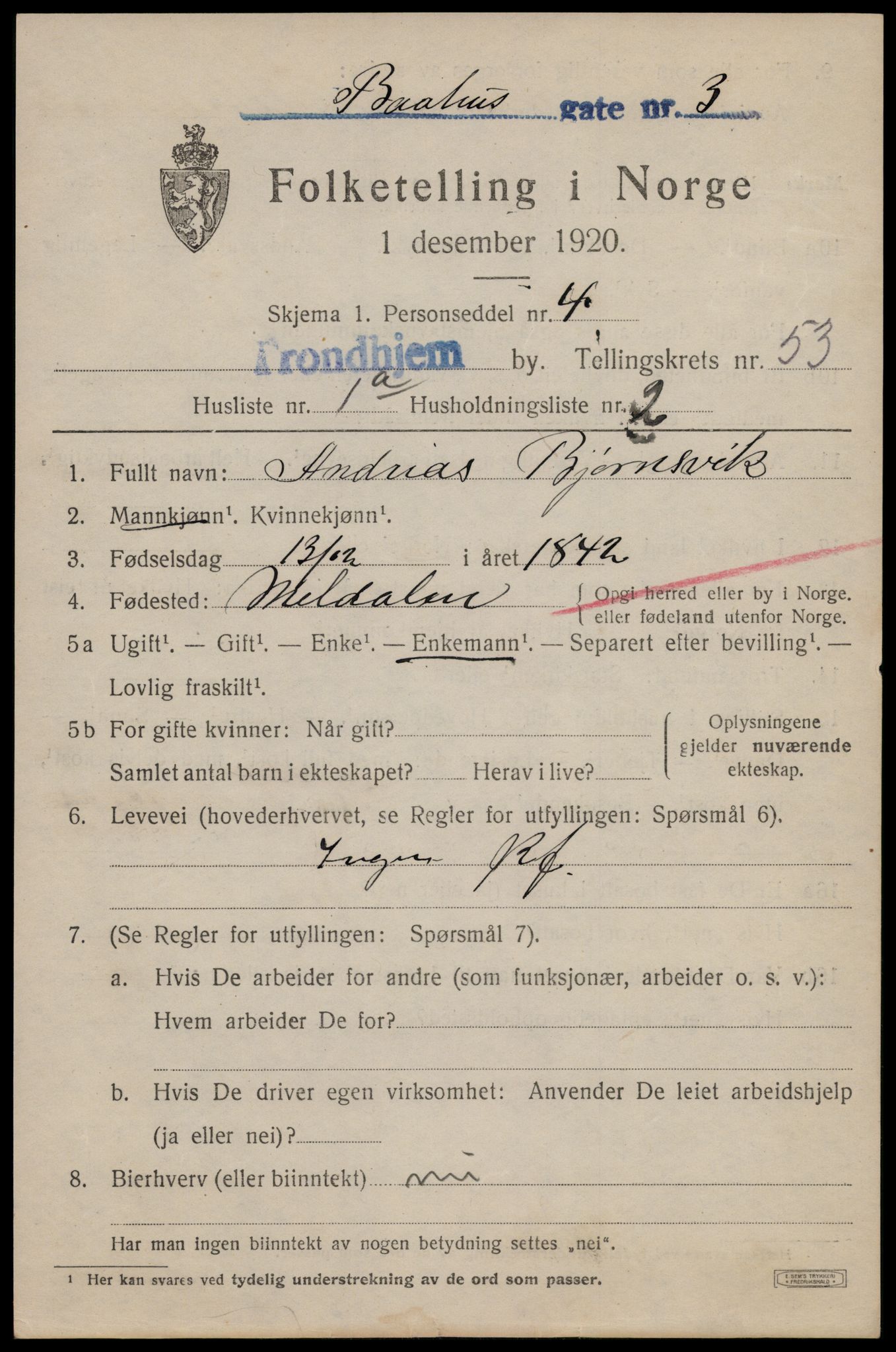 SAT, 1920 census for Trondheim, 1920, p. 107984