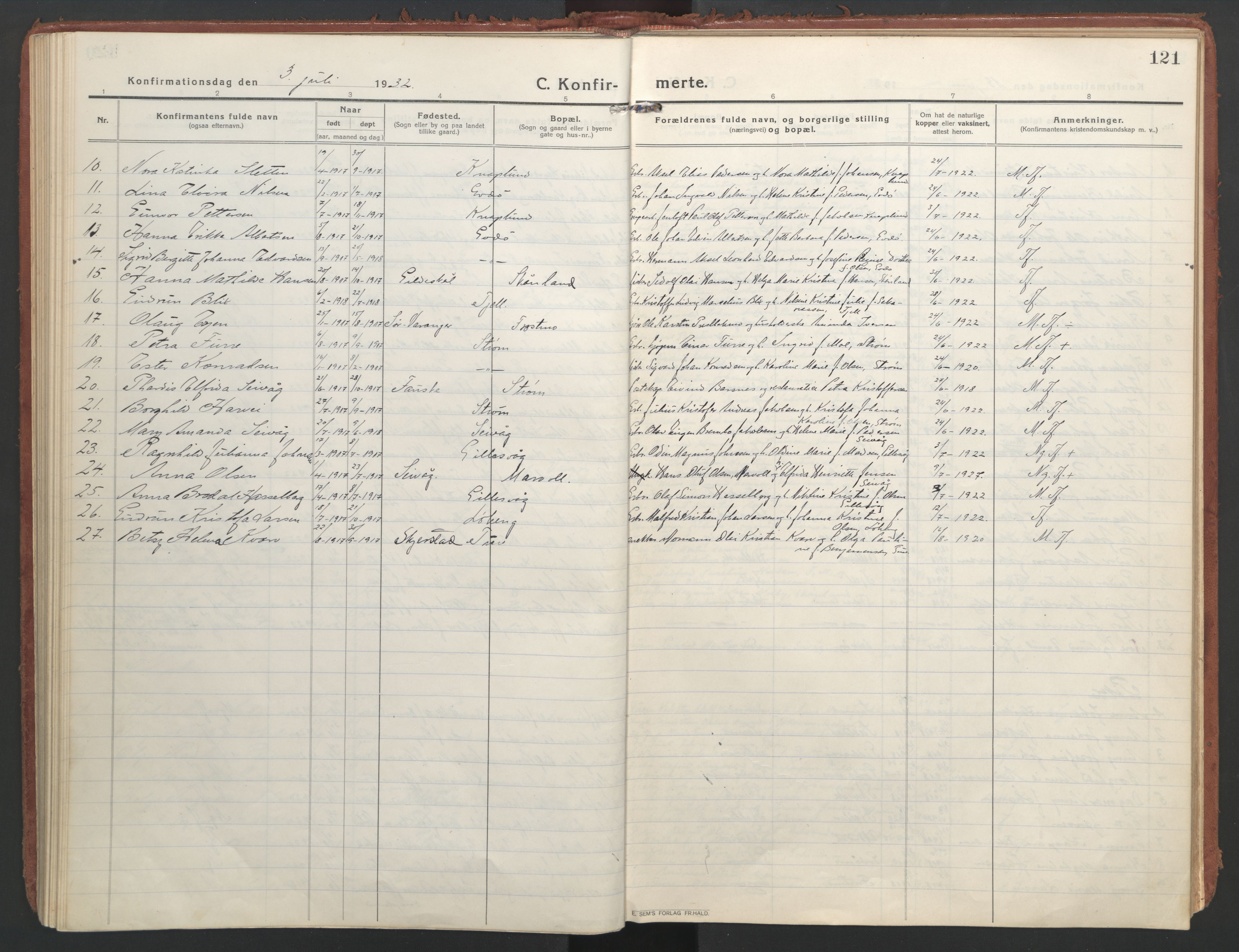 Ministerialprotokoller, klokkerbøker og fødselsregistre - Nordland, AV/SAT-A-1459/804/L0086: Parish register (official) no. 804A07, 1916-1935, p. 121