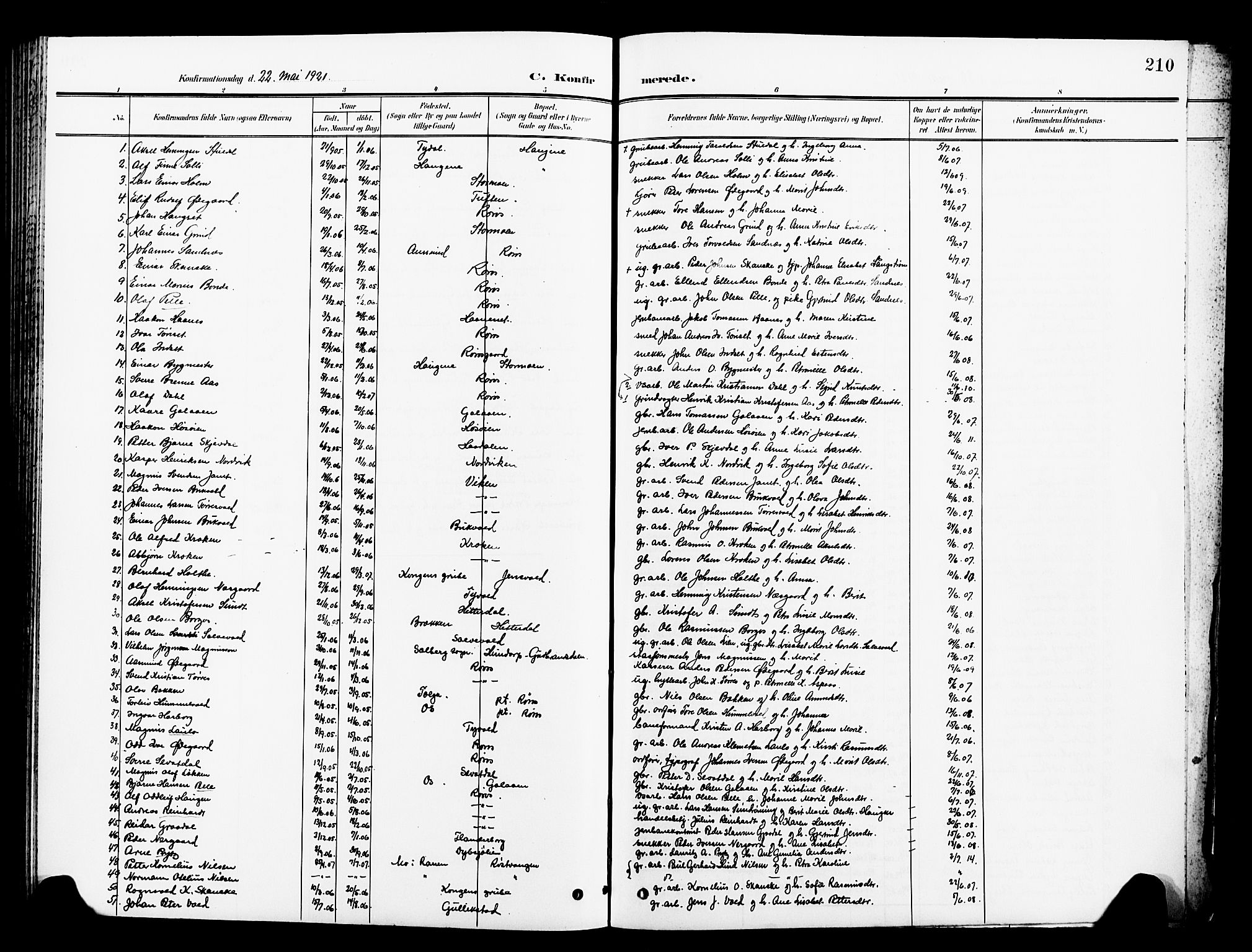 Ministerialprotokoller, klokkerbøker og fødselsregistre - Sør-Trøndelag, AV/SAT-A-1456/681/L0942: Parish register (copy) no. 681C06, 1906-1925, p. 210