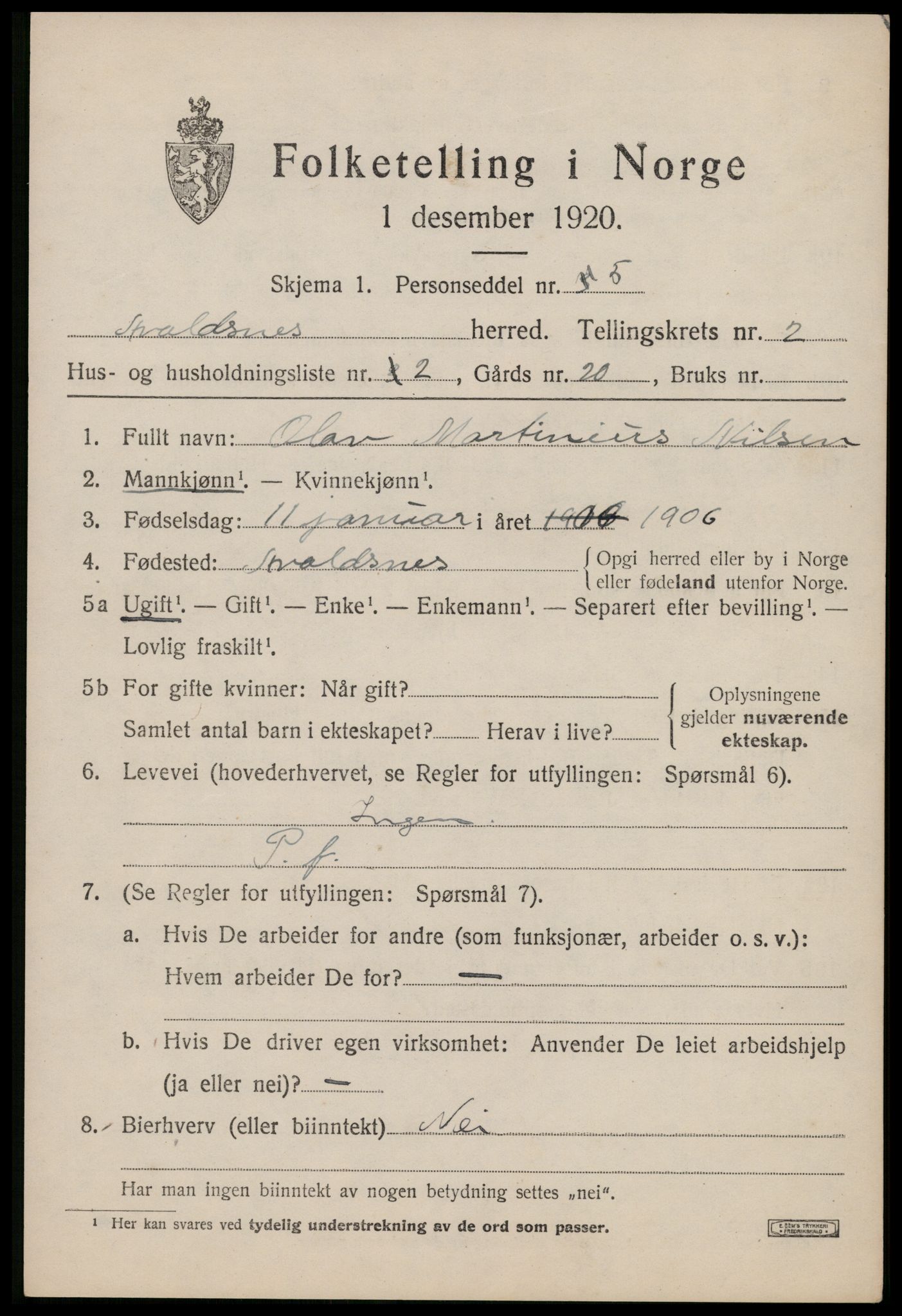 SAST, 1920 census for Avaldsnes, 1920, p. 1835