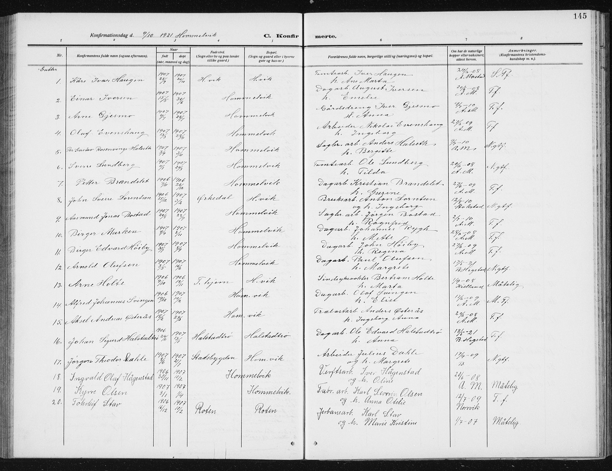 Ministerialprotokoller, klokkerbøker og fødselsregistre - Sør-Trøndelag, SAT/A-1456/617/L0431: Parish register (copy) no. 617C02, 1910-1936, p. 145