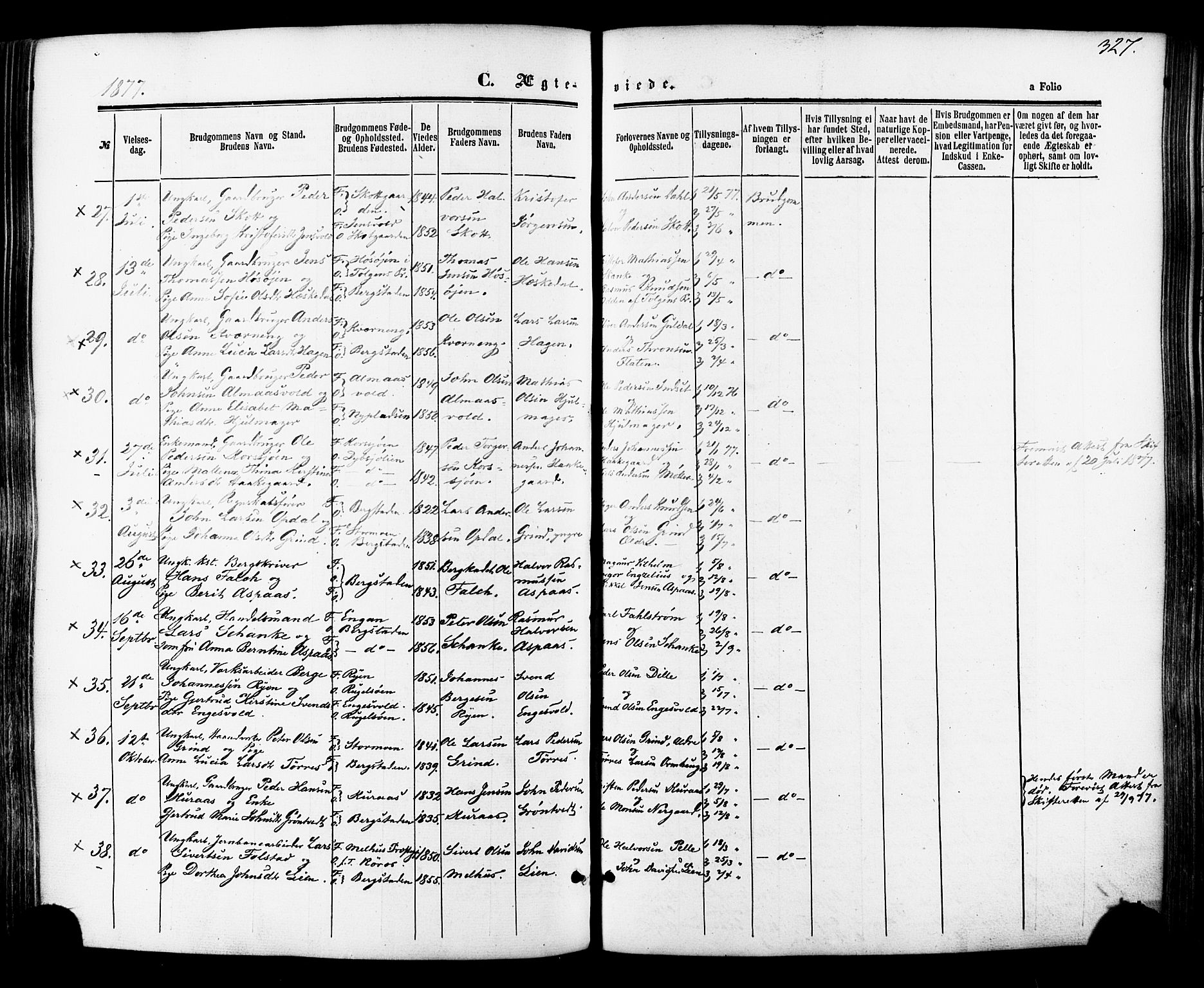 Ministerialprotokoller, klokkerbøker og fødselsregistre - Sør-Trøndelag, SAT/A-1456/681/L0932: Parish register (official) no. 681A10, 1860-1878, p. 327