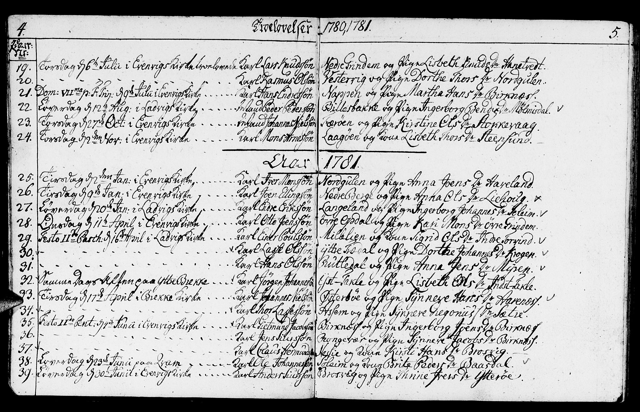 Gulen sokneprestembete, SAB/A-80201/H/Haa/Haaa/L0014: Parish register (official) no. A 14, 1779-1788, p. 4-5