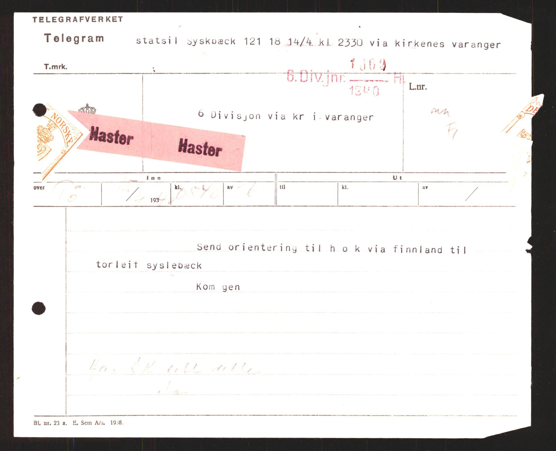 Forsvaret, Forsvarets krigshistoriske avdeling, AV/RA-RAFA-2017/Y/Yb/L0122: II-C-11-600  -  6. Divisjon med avdelinger, 1940, p. 3