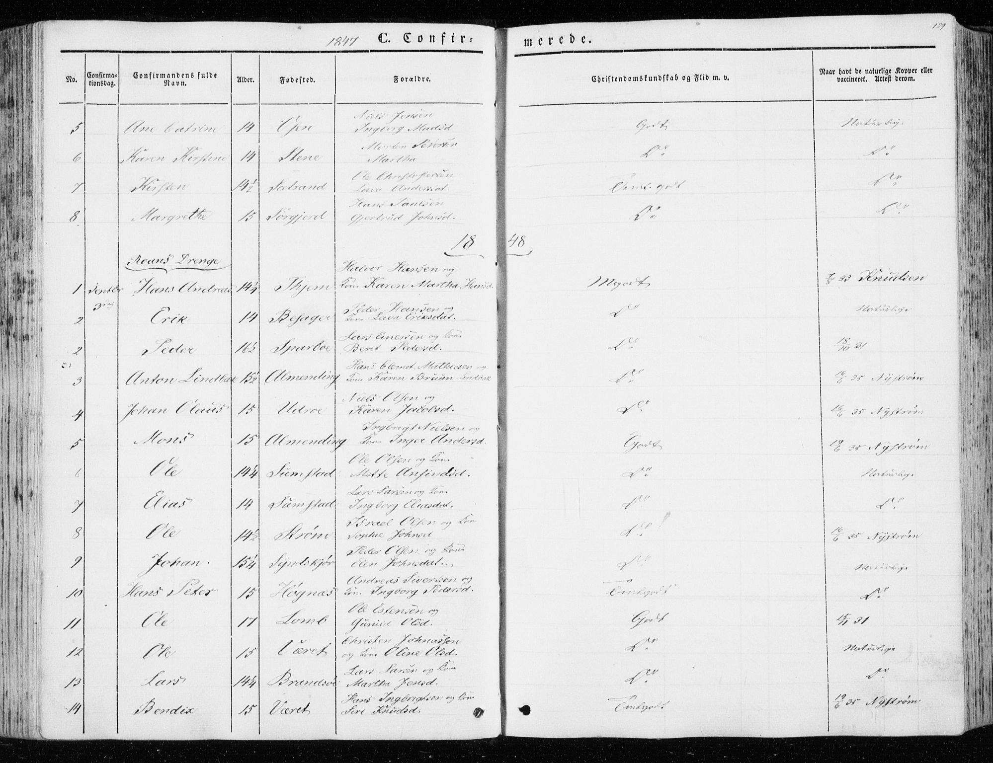 Ministerialprotokoller, klokkerbøker og fødselsregistre - Sør-Trøndelag, SAT/A-1456/657/L0704: Parish register (official) no. 657A05, 1846-1857, p. 129