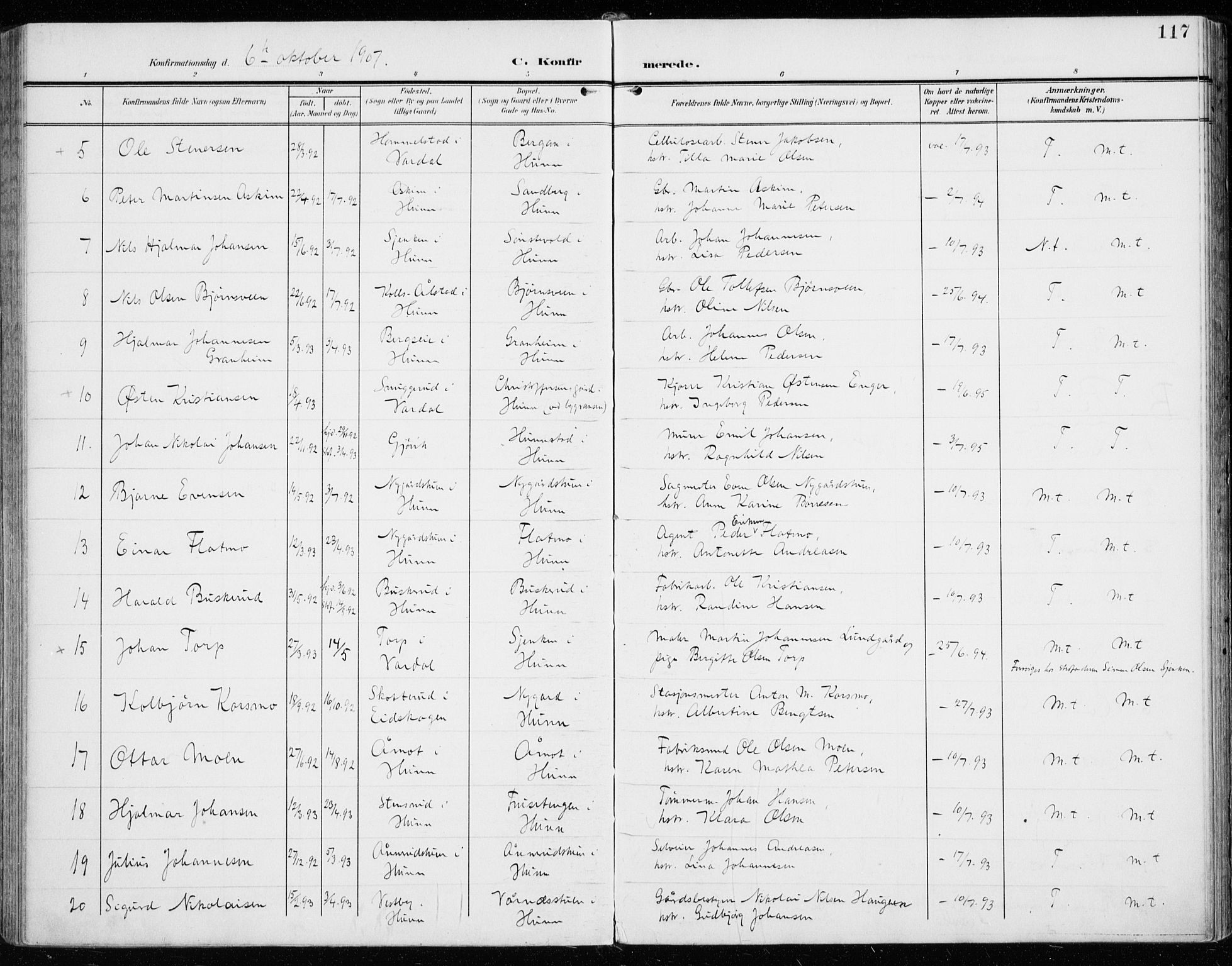 Vardal prestekontor, SAH/PREST-100/H/Ha/Haa/L0016: Parish register (official) no. 16, 1904-1916, p. 117