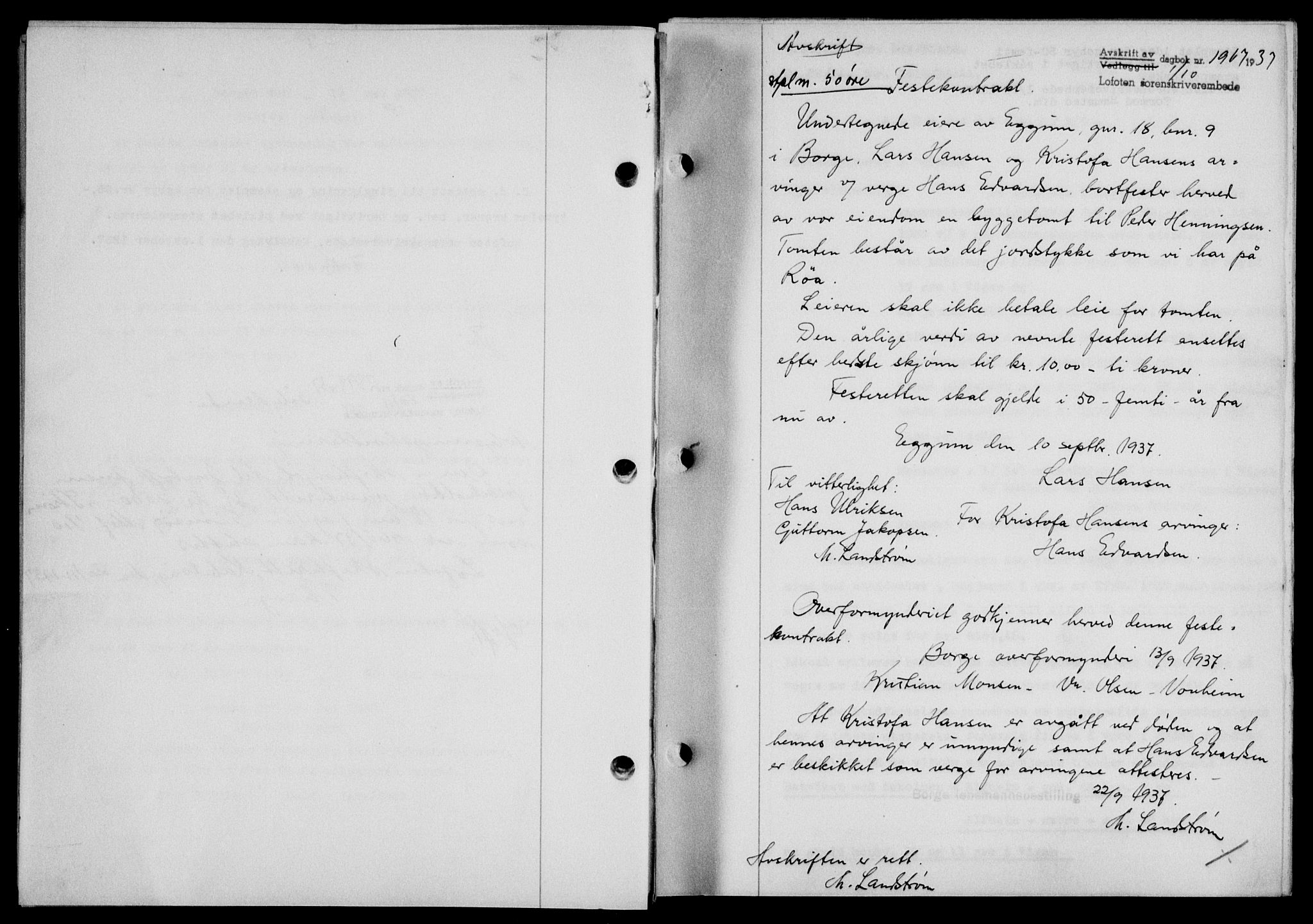 Lofoten sorenskriveri, SAT/A-0017/1/2/2C/L0003a: Mortgage book no. 3a, 1937-1938, Diary no: : 1967/1937