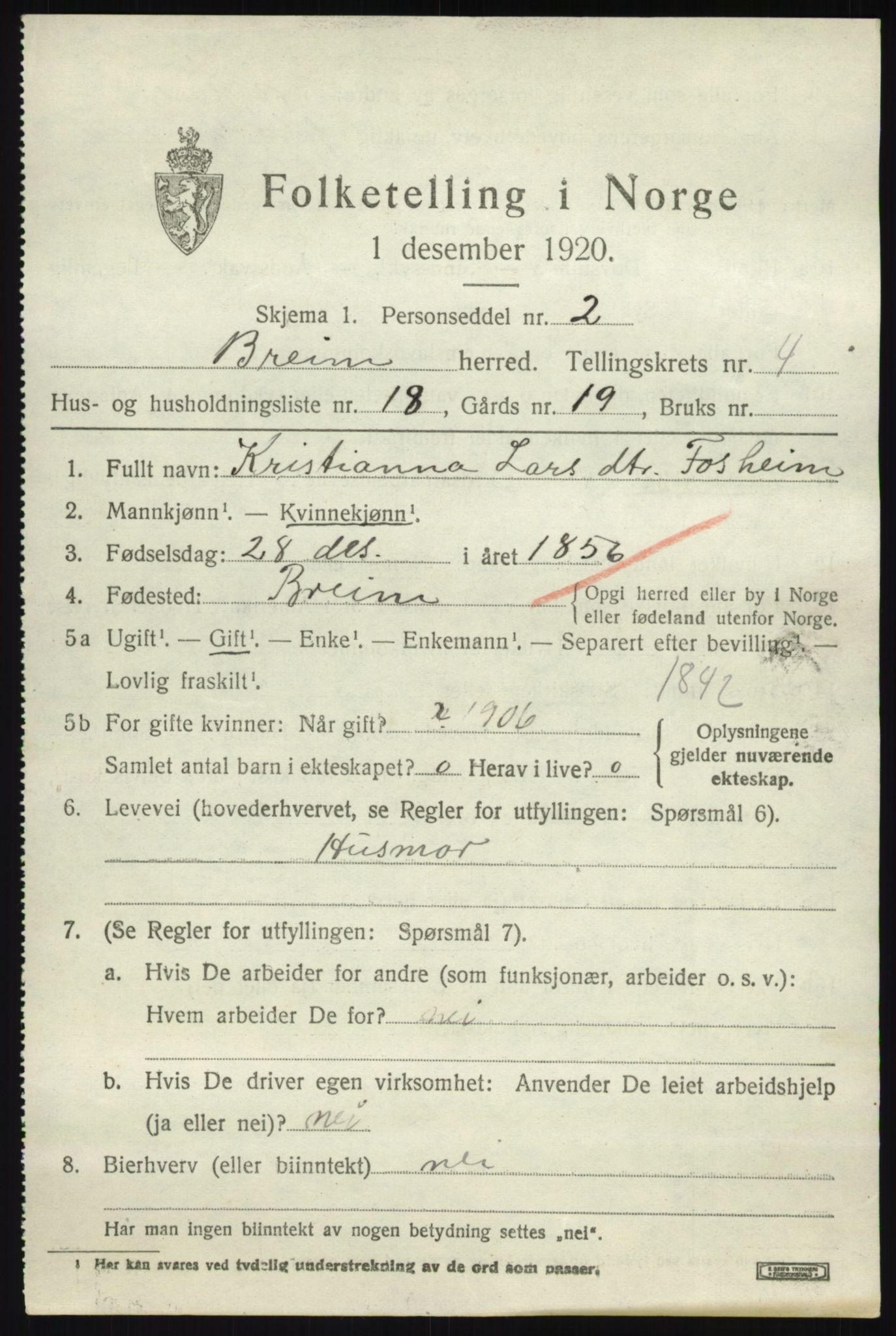 SAB, 1920 census for Breim, 1920, p. 2713