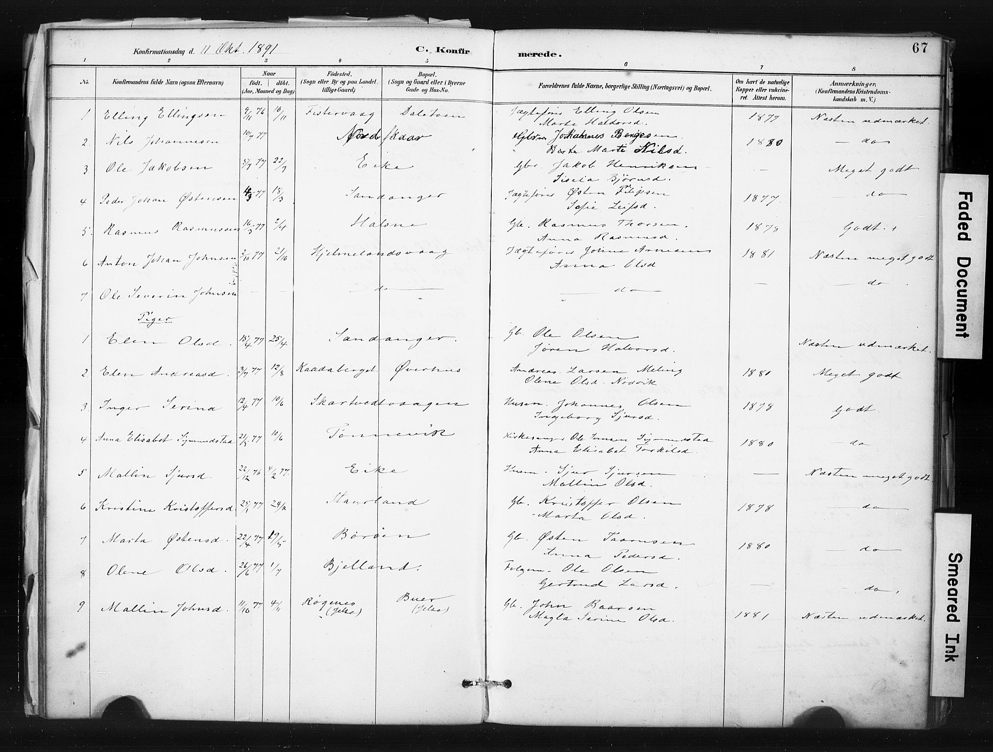 Hjelmeland sokneprestkontor, SAST/A-101843/01/IV/L0015: Parish register (official) no. A 15, 1887-1910, p. 67