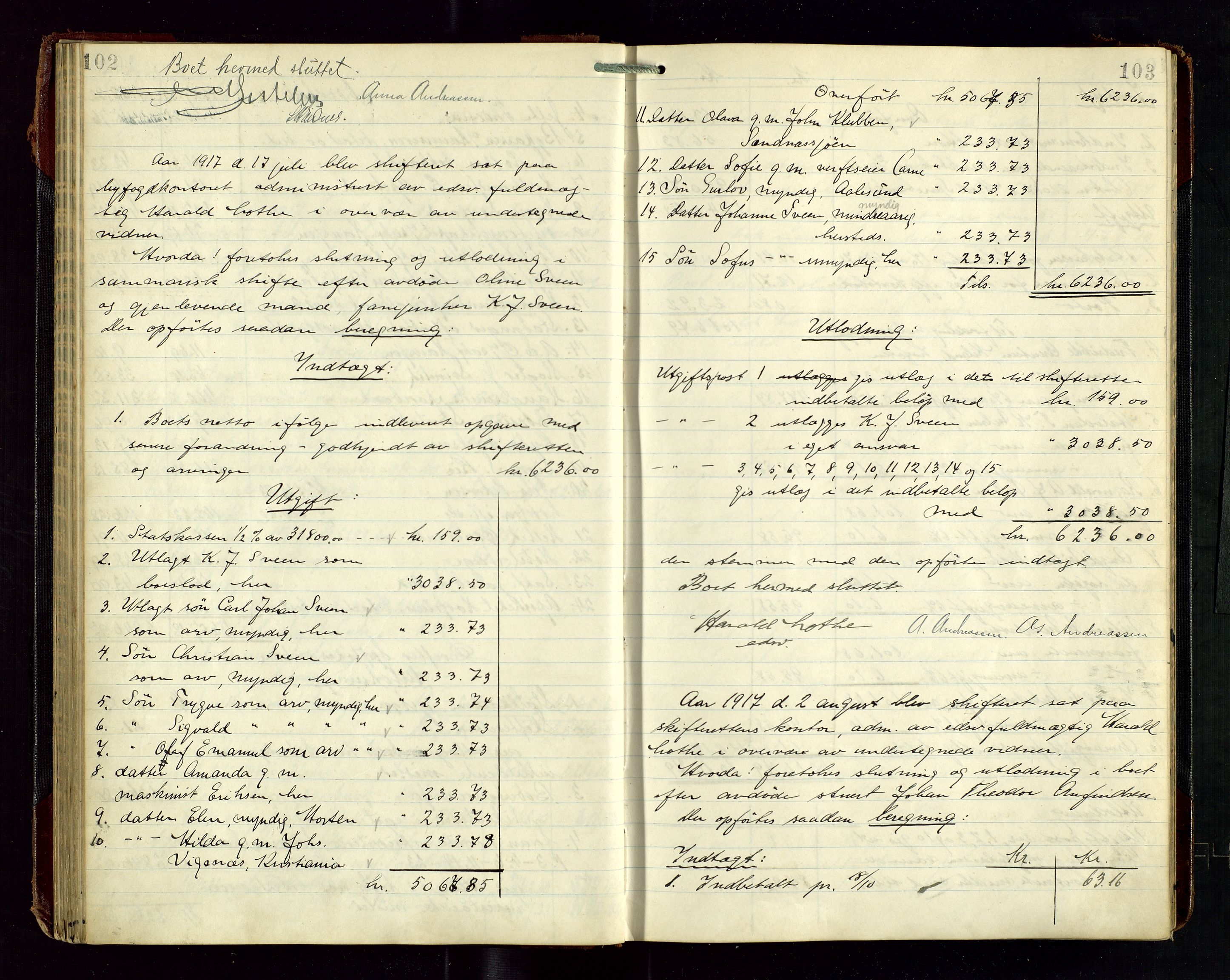 Haugesund tingrett, AV/SAST-A-101415/01/IV/IVD/L0003: Skifteutlodningsprotokoll, med register, 1915-1924, p. 102-103