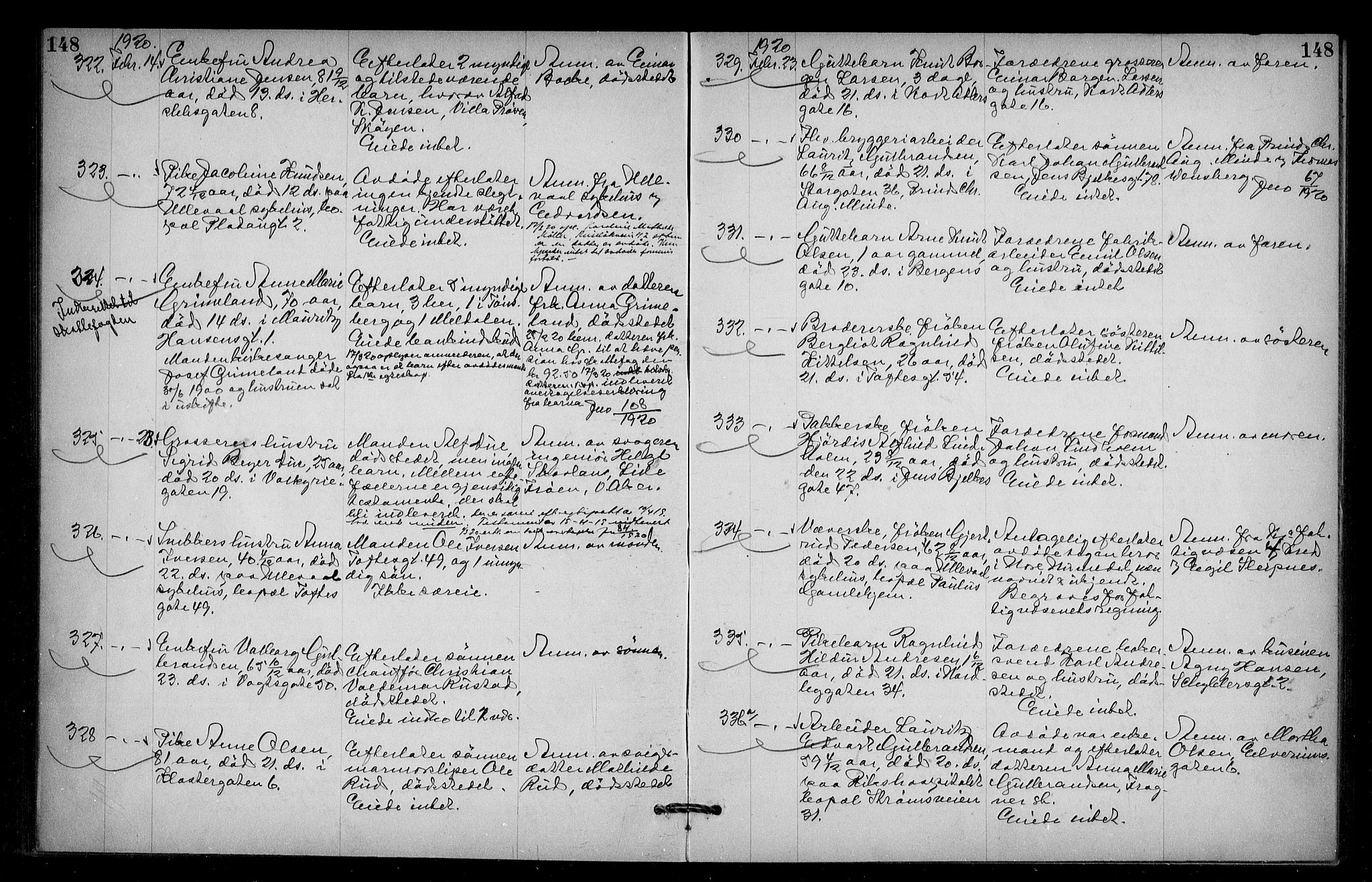 Oslo skifterett, AV/SAO-A-10383/G/Ga/Gac/L0010: Dødsfallsprotokoll, 1919-1921, p. 148