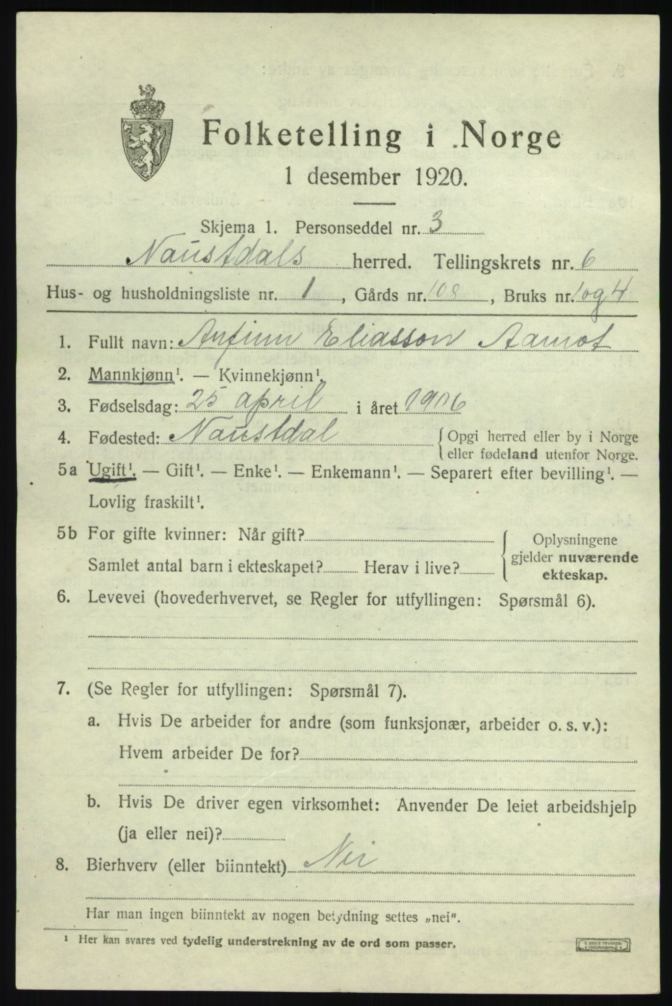 SAB, 1920 census for Naustdal, 1920, p. 3699