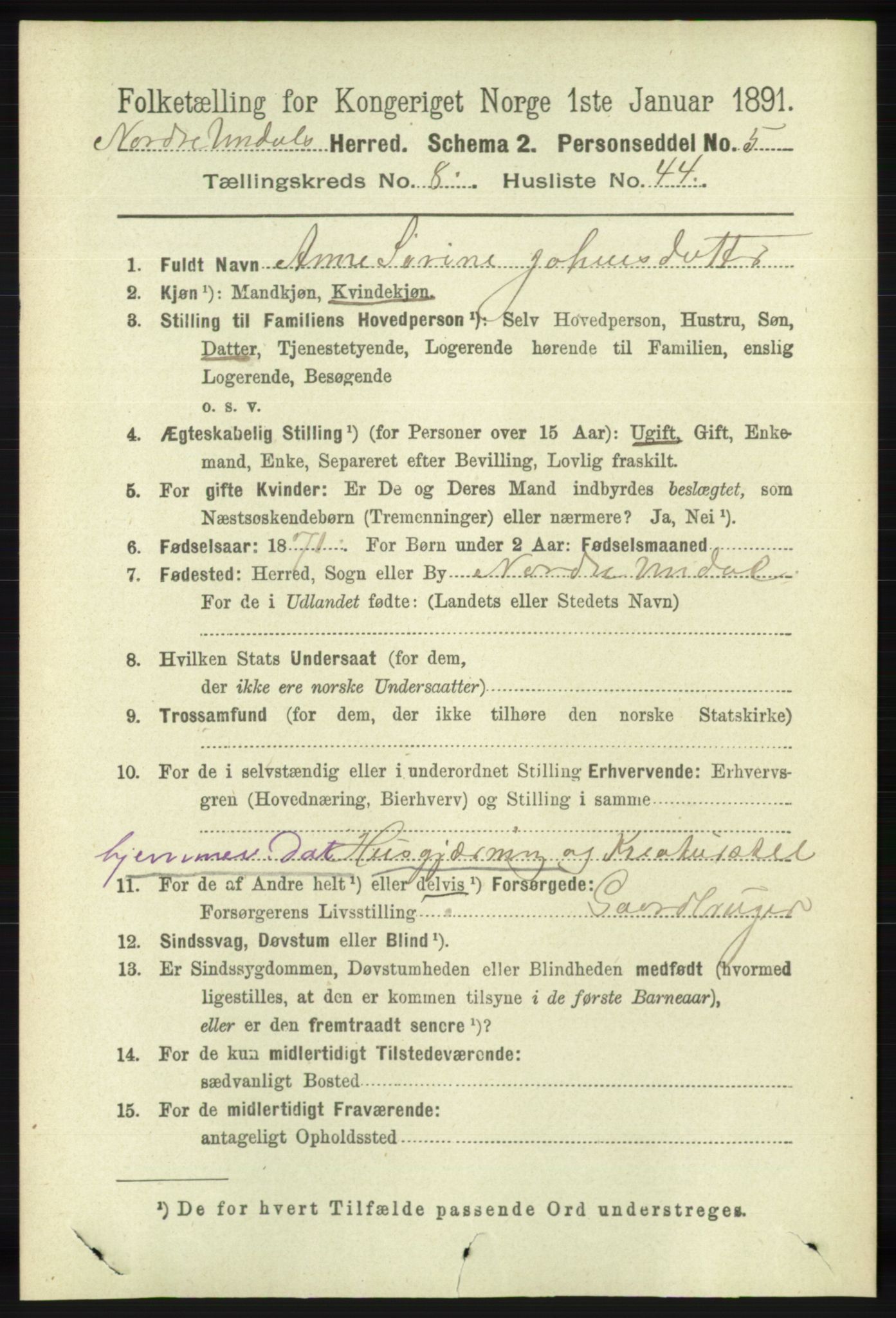 RA, 1891 census for 1028 Nord-Audnedal, 1891, p. 2301