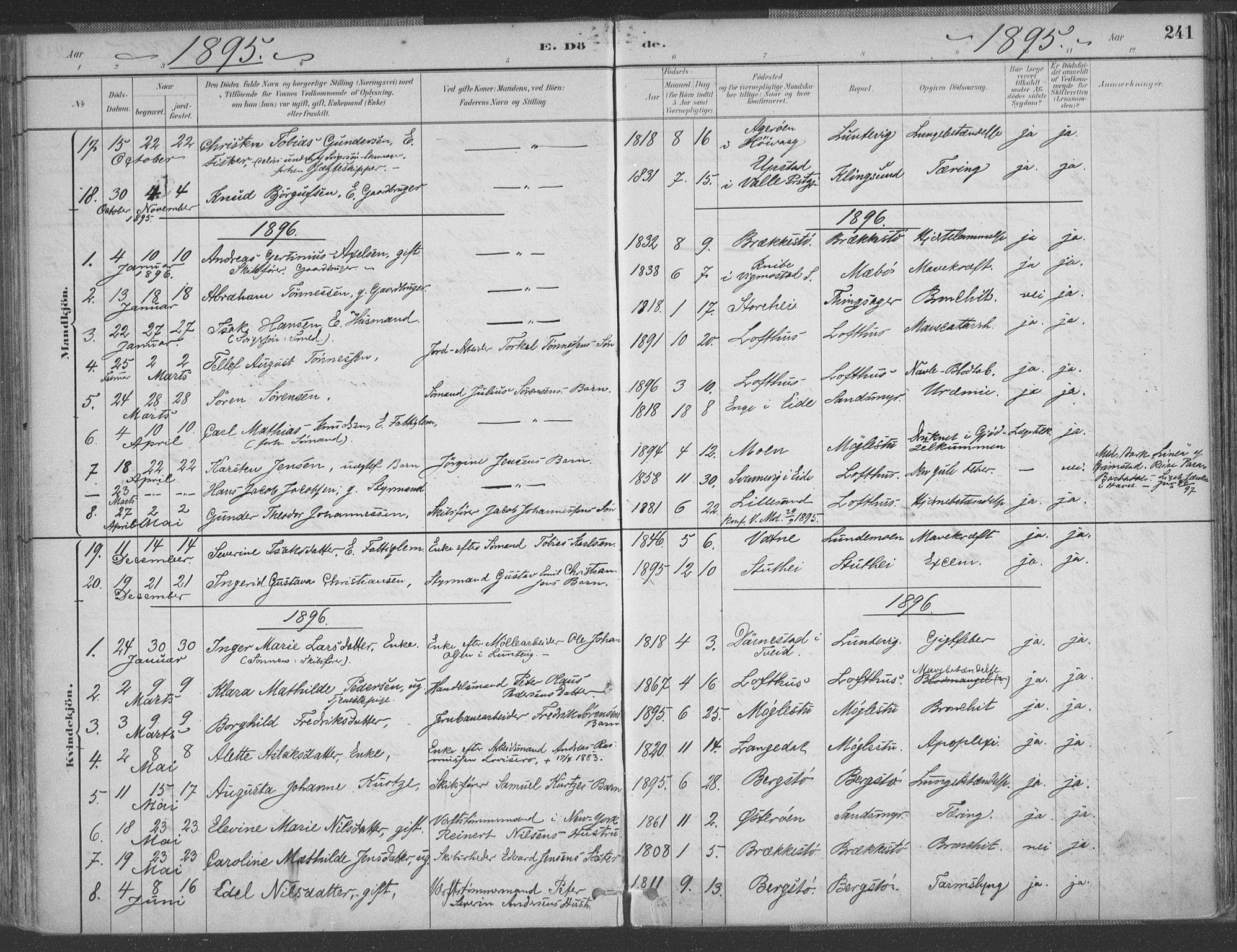 Vestre Moland sokneprestkontor, SAK/1111-0046/F/Fa/Fab/L0009: Parish register (official) no. A 9, 1884-1899, p. 241