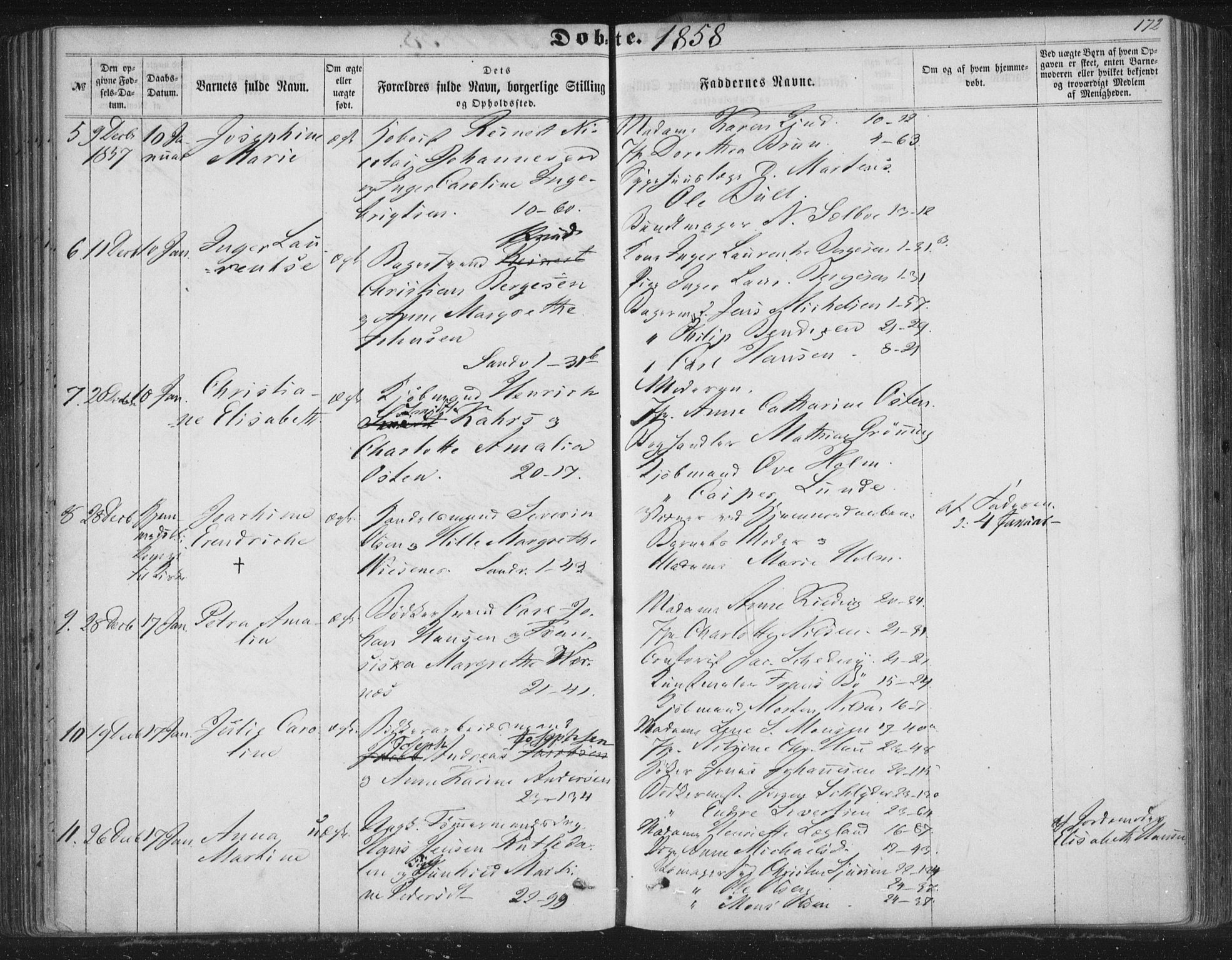 Korskirken sokneprestembete, AV/SAB-A-76101/H/Haa/L0018: Parish register (official) no. B 4, 1857-1866, p. 172