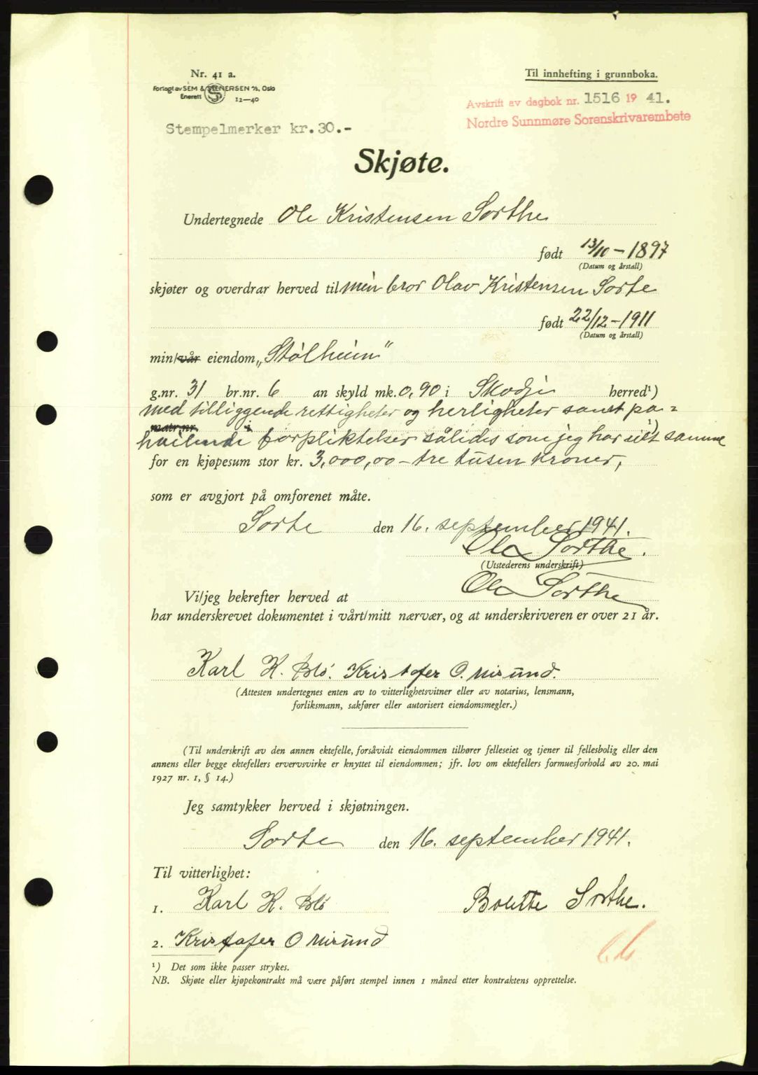 Nordre Sunnmøre sorenskriveri, AV/SAT-A-0006/1/2/2C/2Ca: Mortgage book no. A11, 1941-1941, Diary no: : 1516/1941