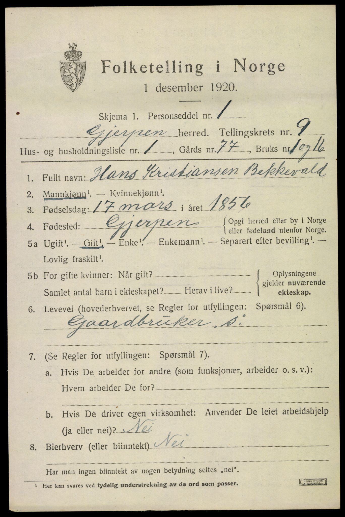 SAKO, 1920 census for Gjerpen, 1920, p. 10778