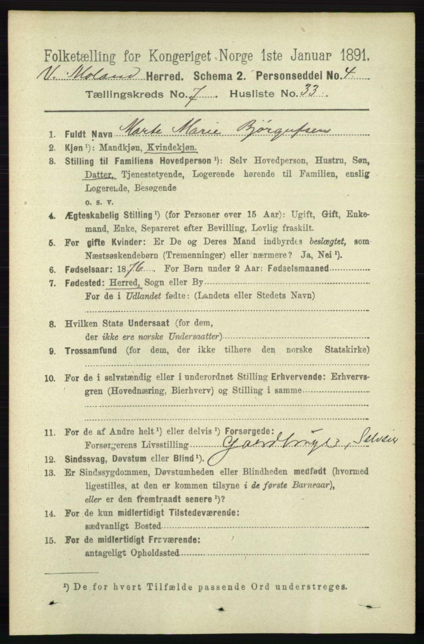 RA, 1891 census for 0926 Vestre Moland, 1891, p. 2949