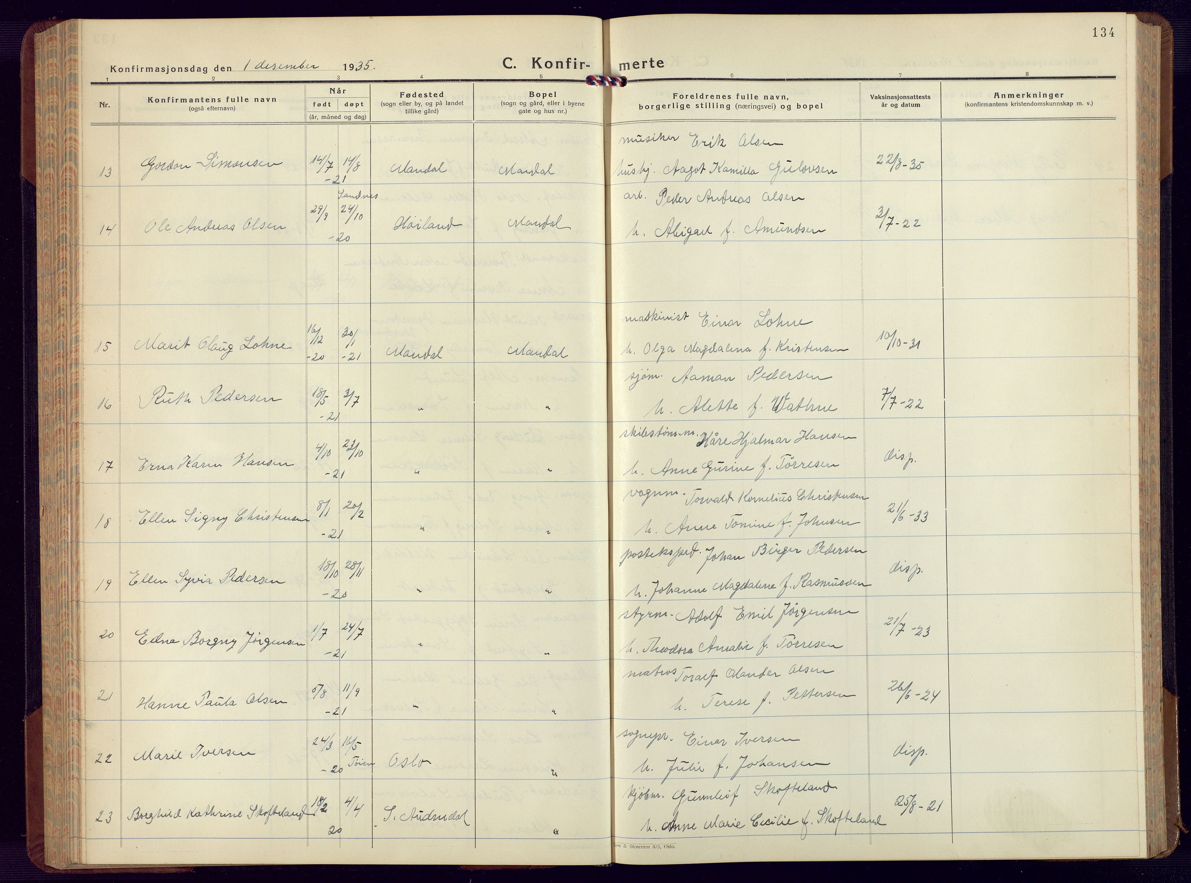 Mandal sokneprestkontor, AV/SAK-1111-0030/F/Fb/Fbc/L0002: Parish register (copy) no. B 2, 1931-1949, p. 134