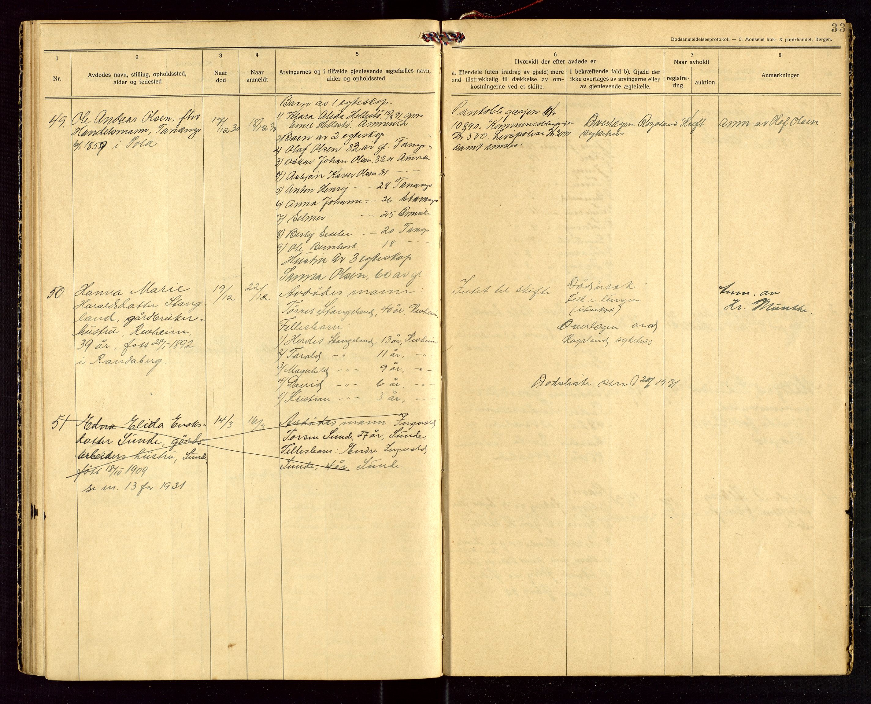 Håland lensmannskontor, AV/SAST-A-100100/Gga/L0003: "Dødsanmeldelser 1926 - 1931 for Haaland", 1926-1931, p. 33