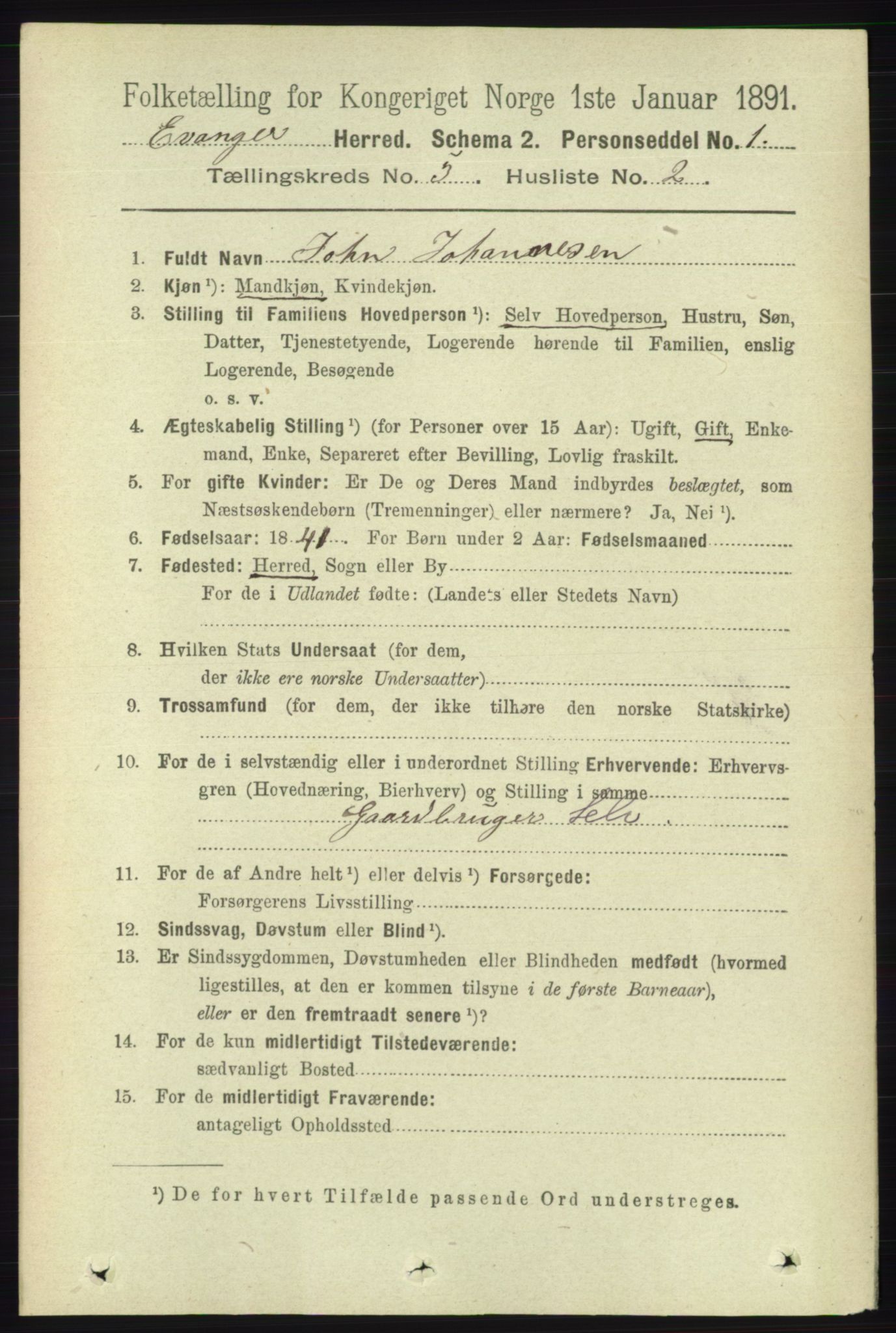 RA, 1891 census for 1237 Evanger, 1891, p. 1398