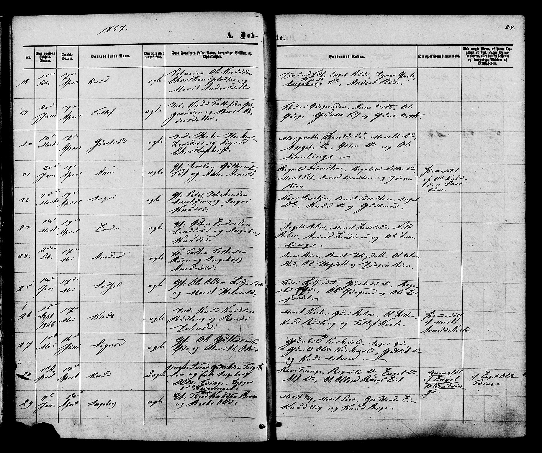 Vestre Slidre prestekontor, SAH/PREST-136/H/Ha/Haa/L0003: Parish register (official) no. 3, 1865-1880, p. 24