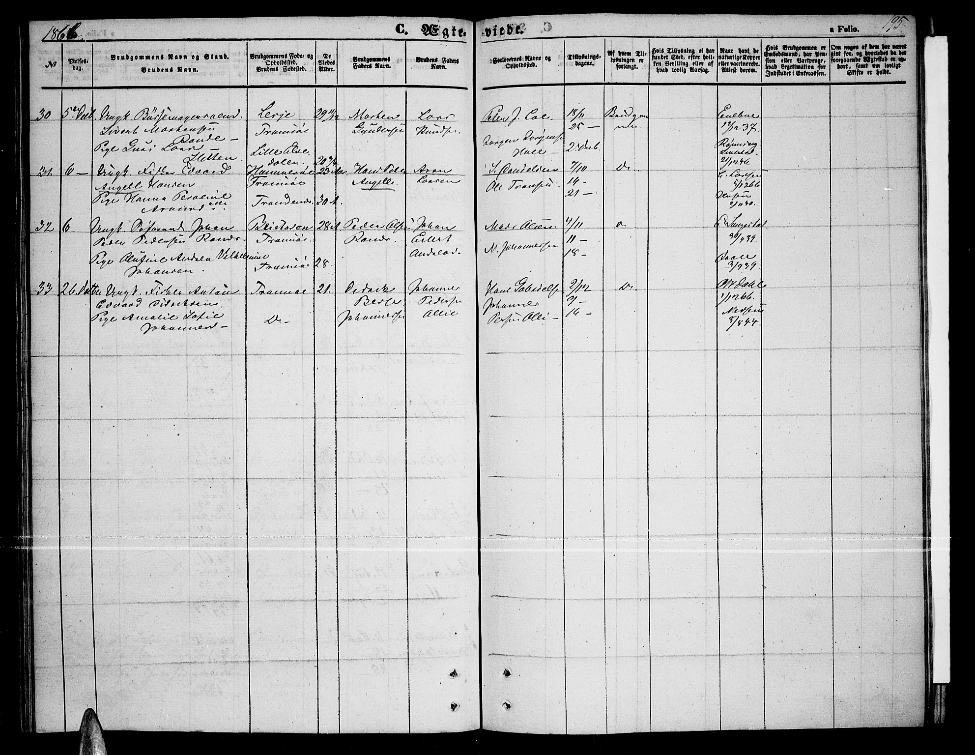 Tromsø sokneprestkontor/stiftsprosti/domprosti, AV/SATØ-S-1343/G/Gb/L0006klokker: Parish register (copy) no. 6, 1857-1866, p. 195