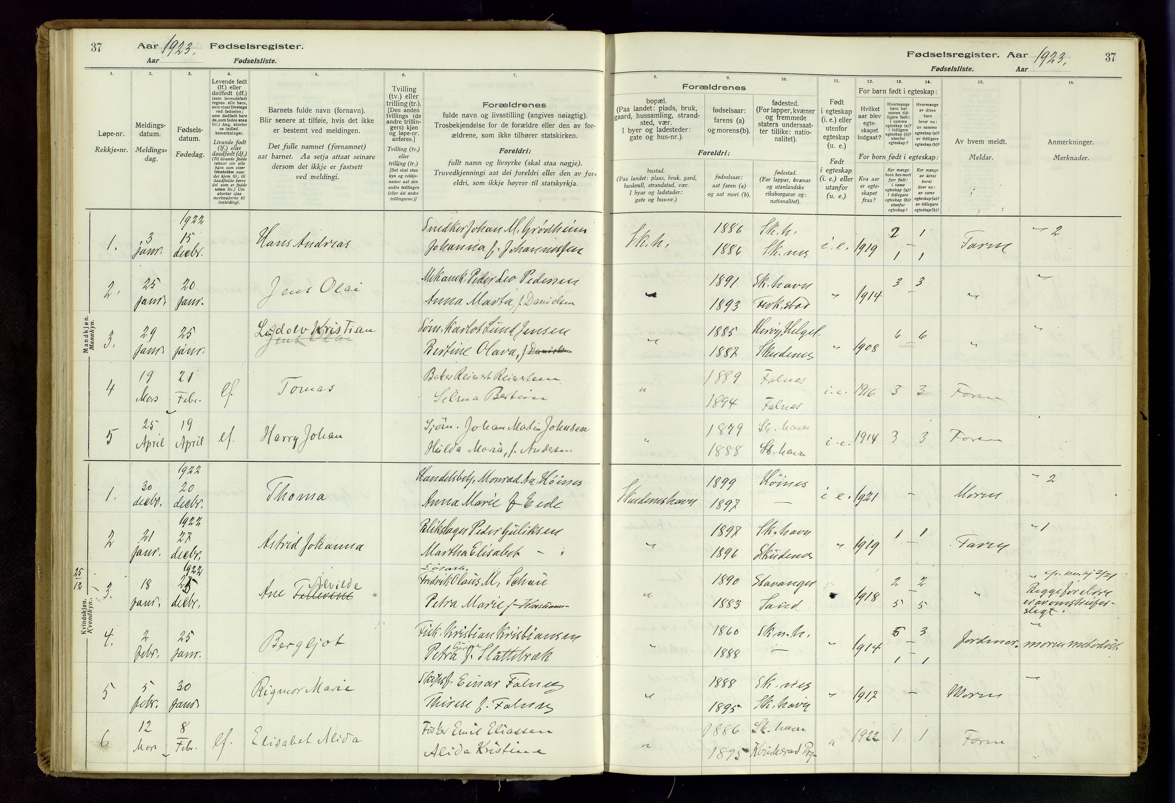 Skudenes sokneprestkontor, SAST/A -101849/I/Id/L0003: Birth register no. 3, 1916-1964, p. 37