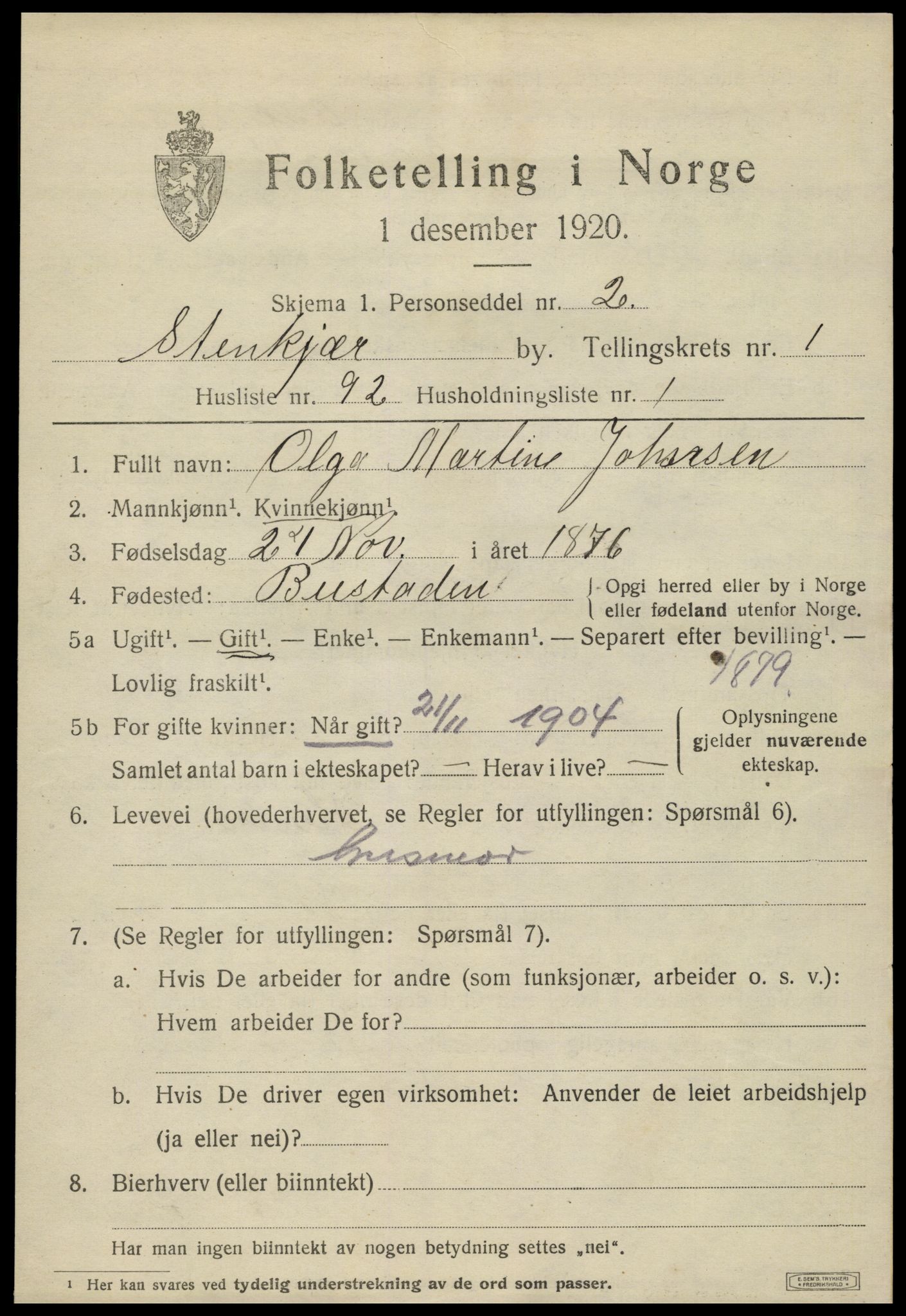 SAT, 1920 census for Steinkjer, 1920, p. 4080