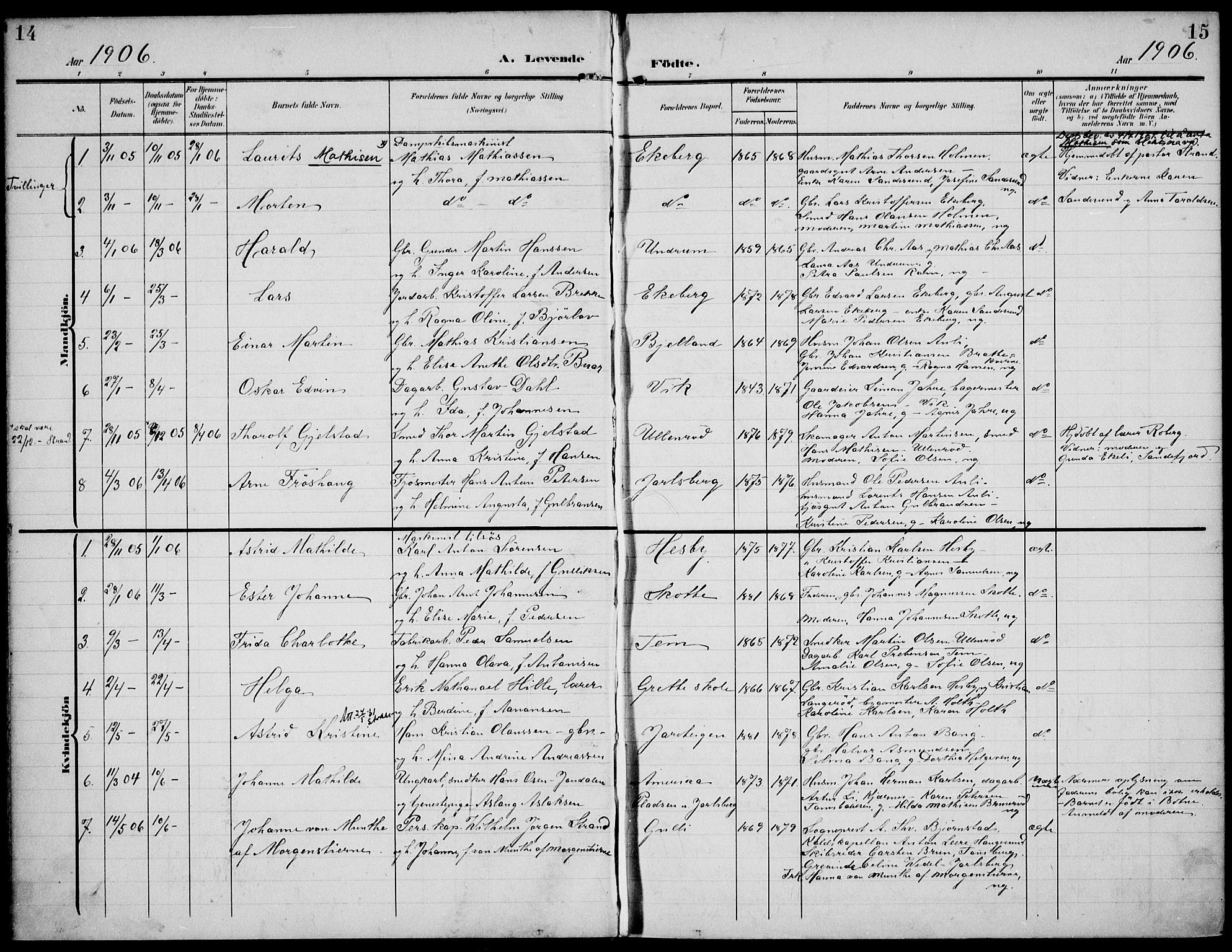 Sem kirkebøker, SAKO/A-5/F/Fa/L0012: Parish register (official) no. I 12, 1905-1915, p. 14-15