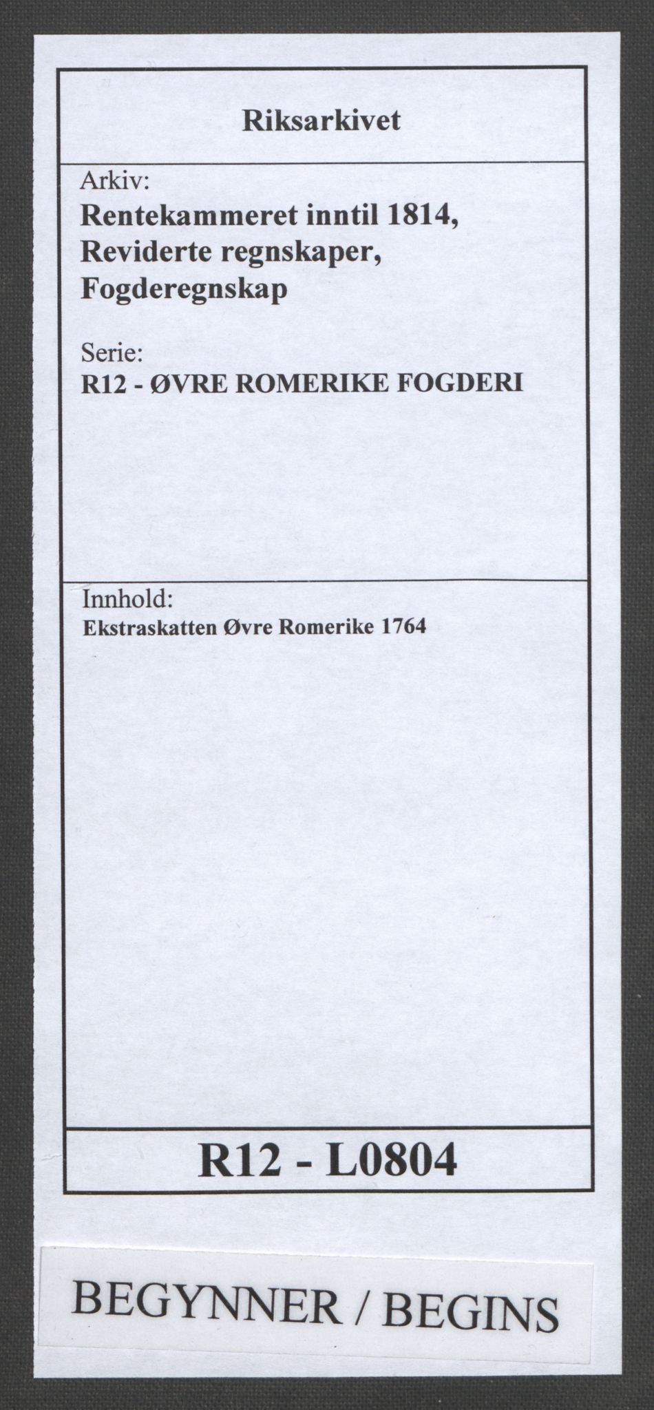 Rentekammeret inntil 1814, Reviderte regnskaper, Fogderegnskap, RA/EA-4092/R12/L0804: Ekstraskatten Øvre Romerike, 1764, p. 1
