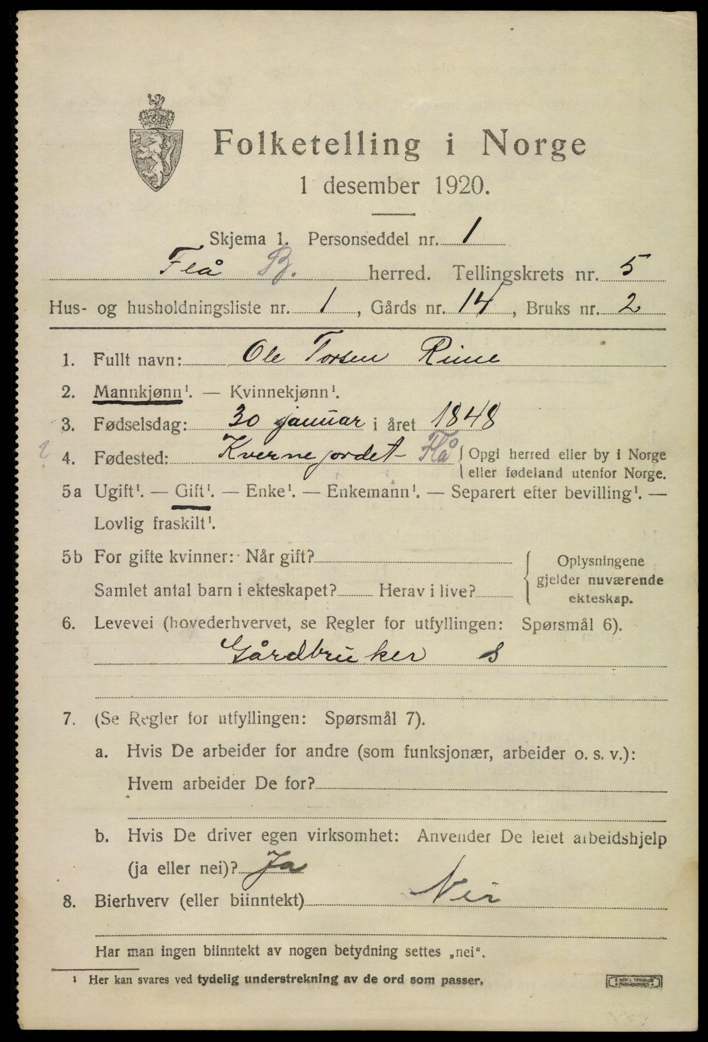 SAKO, 1920 census for Flå, 1920, p. 3101