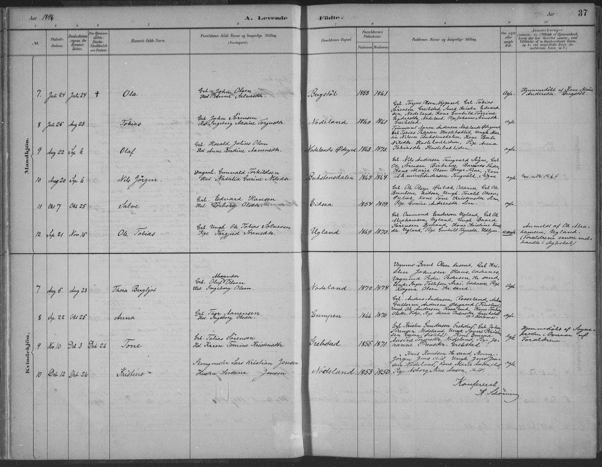 Søgne sokneprestkontor, AV/SAK-1111-0037/F/Fa/Faa/L0003: Parish register (official) no. A 3, 1883-1910, p. 37