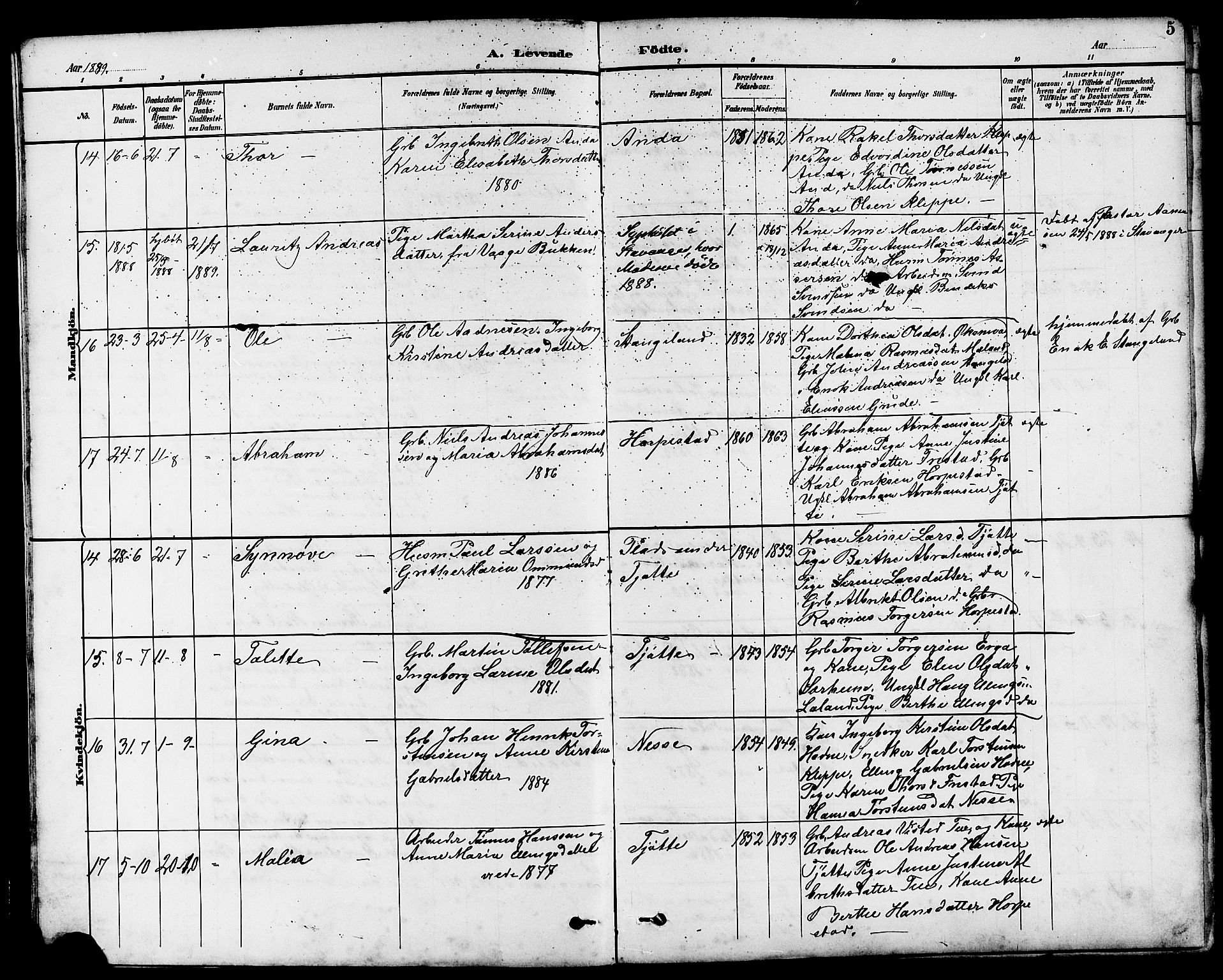 Klepp sokneprestkontor, SAST/A-101803/001/3/30BB/L0004: Parish register (copy) no. B 4, 1889-1914, p. 5