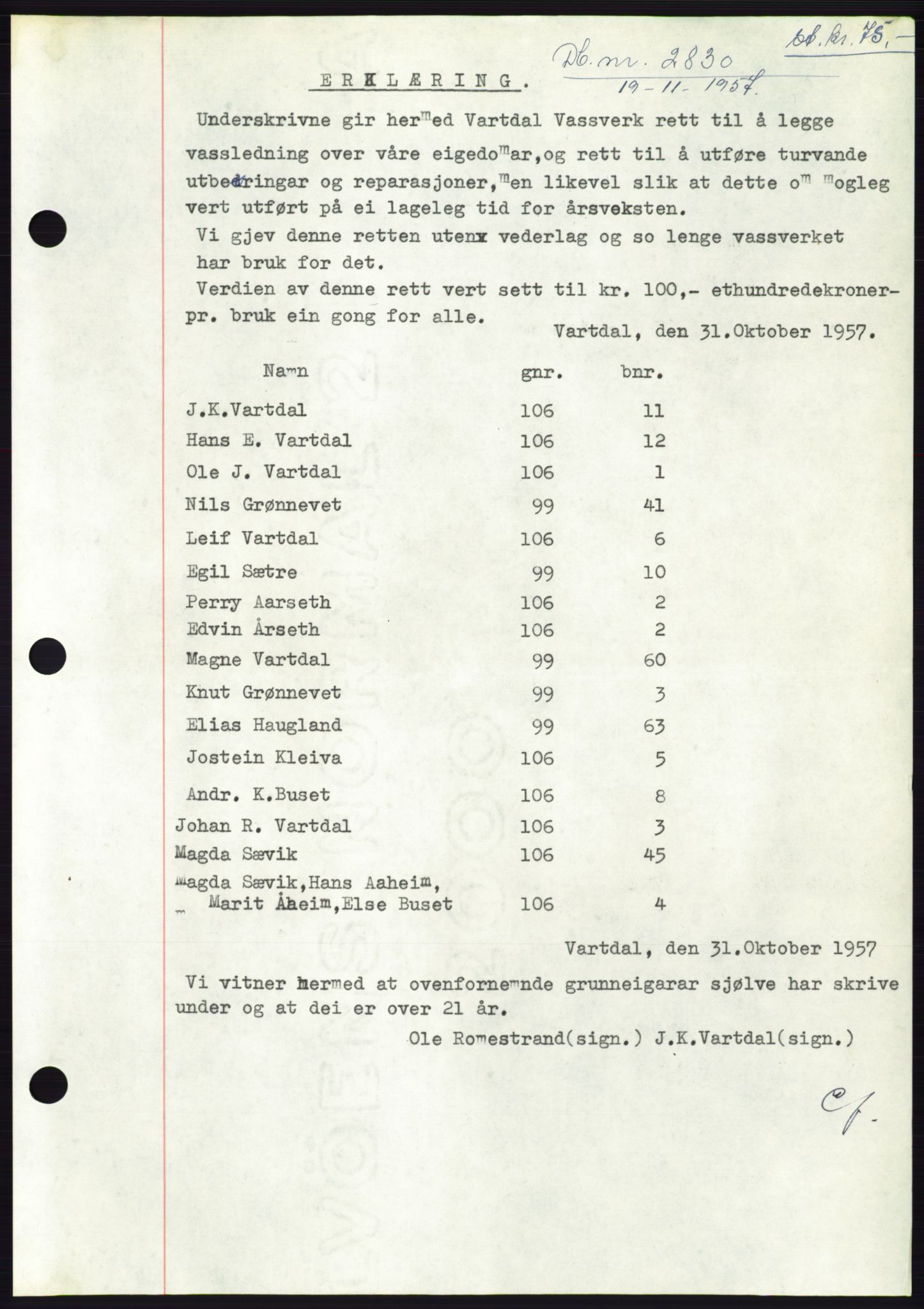 Søre Sunnmøre sorenskriveri, AV/SAT-A-4122/1/2/2C/L0108: Mortgage book no. 34A, 1957-1958, Diary no: : 2830/1957
