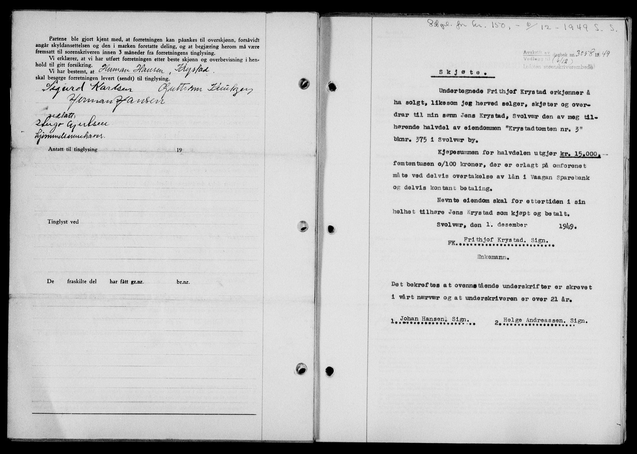 Lofoten sorenskriveri, SAT/A-0017/1/2/2C/L0022a: Mortgage book no. 22a, 1949-1950, Diary no: : 3058/1949
