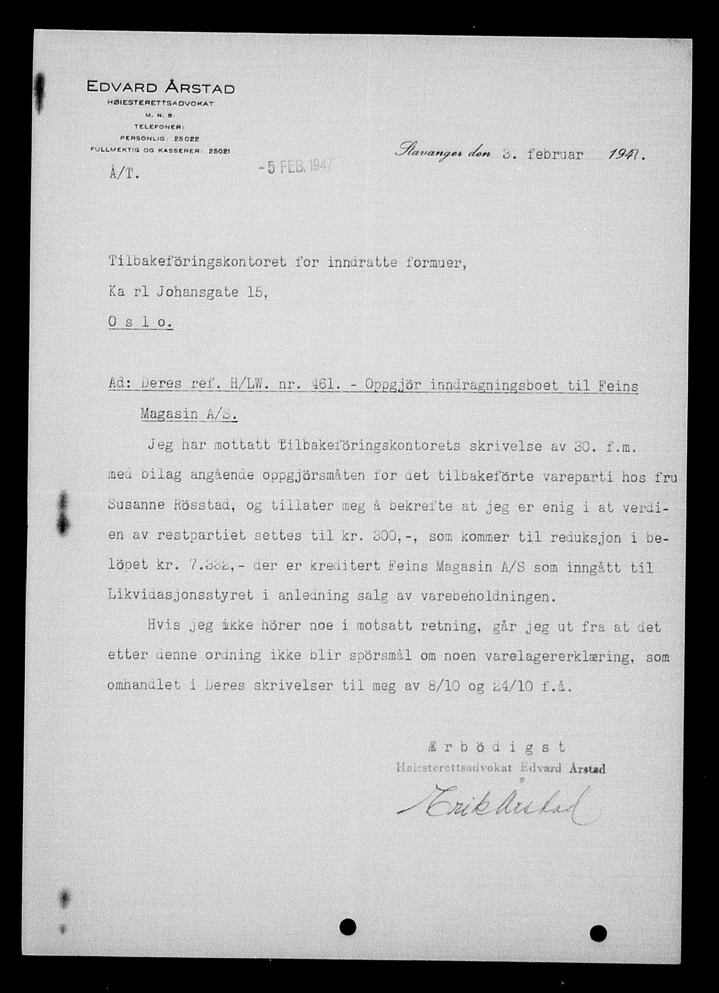 Justisdepartementet, Tilbakeføringskontoret for inndratte formuer, AV/RA-S-1564/H/Hc/Hcd/L0995: --, 1945-1947, p. 299
