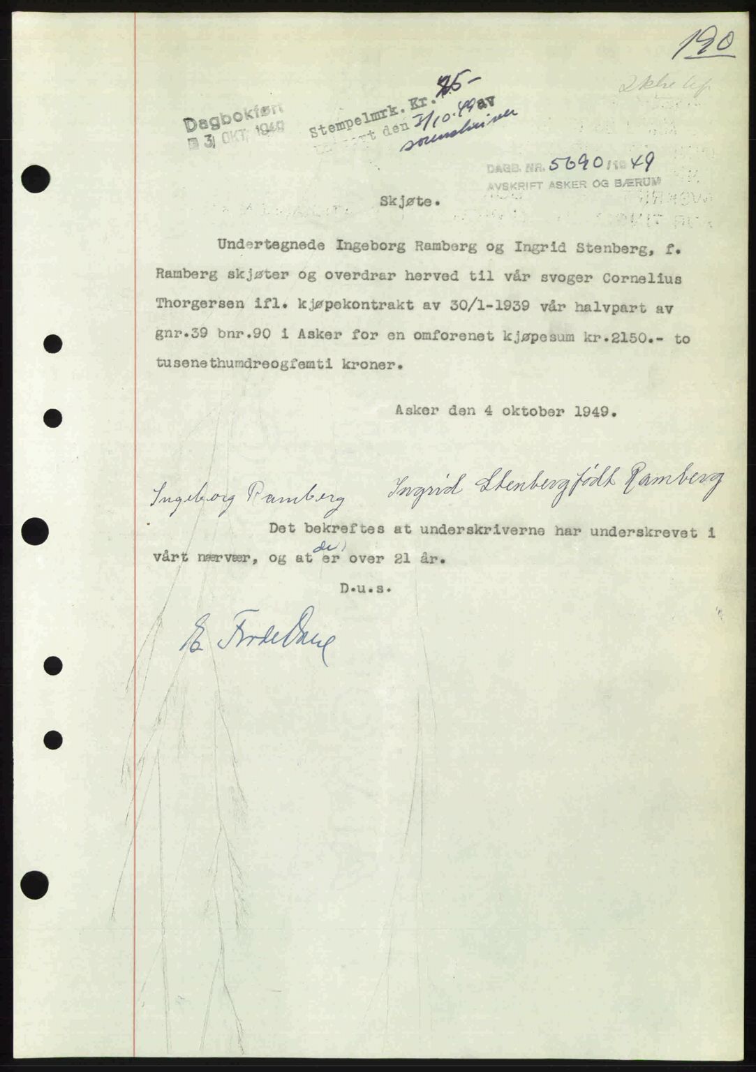 Asker og Bærum sorenskriveri, AV/SAO-A-10379a/G/Gb/Gba/L0007: Mortgage book no. A93, 1949-1949, Diary no: : 5690/1949