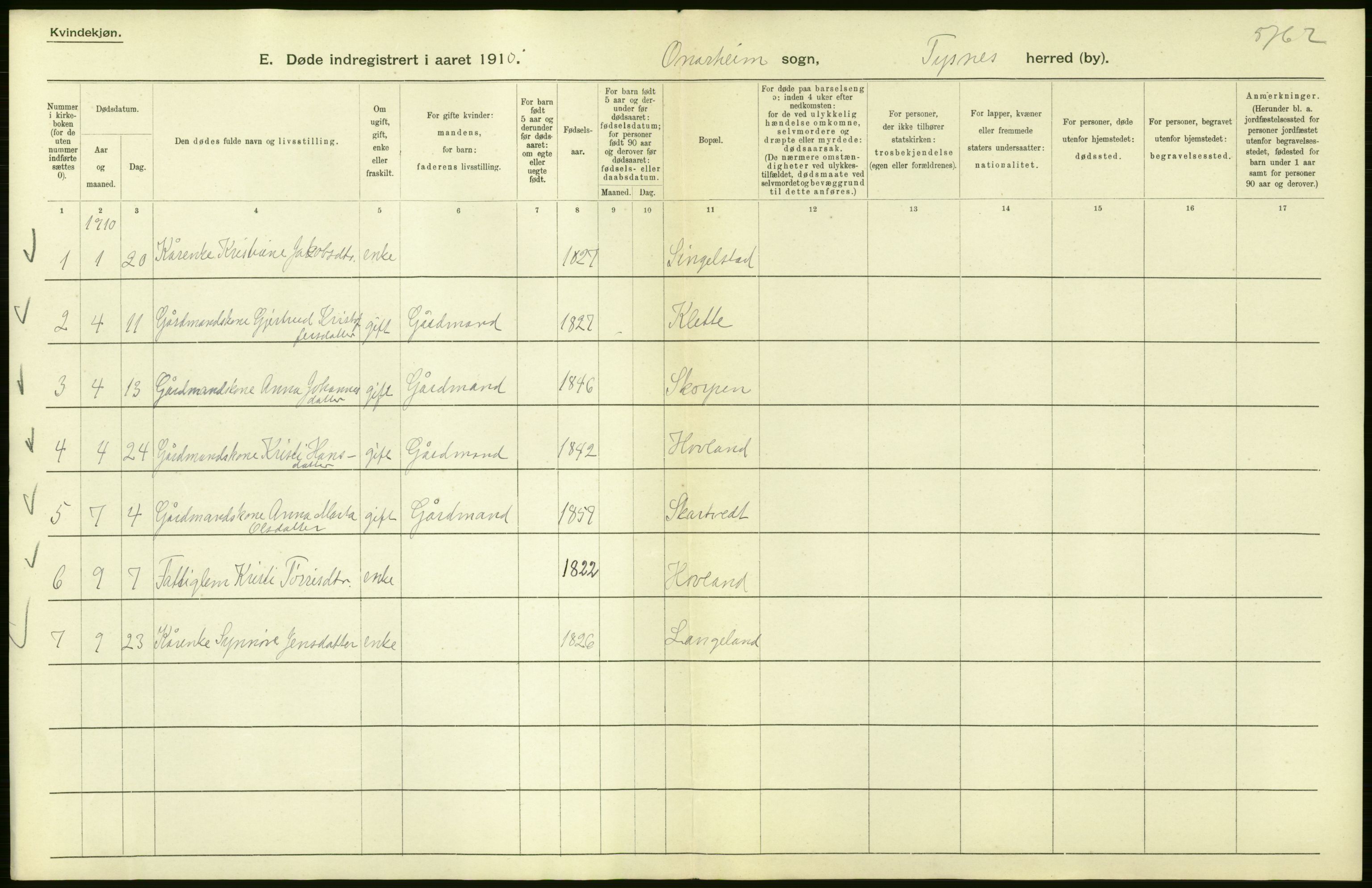 Statistisk sentralbyrå, Sosiodemografiske emner, Befolkning, AV/RA-S-2228/D/Df/Dfa/Dfah/L0027: S. Bergenhus amt: Døde. Bygder., 1910, p. 2