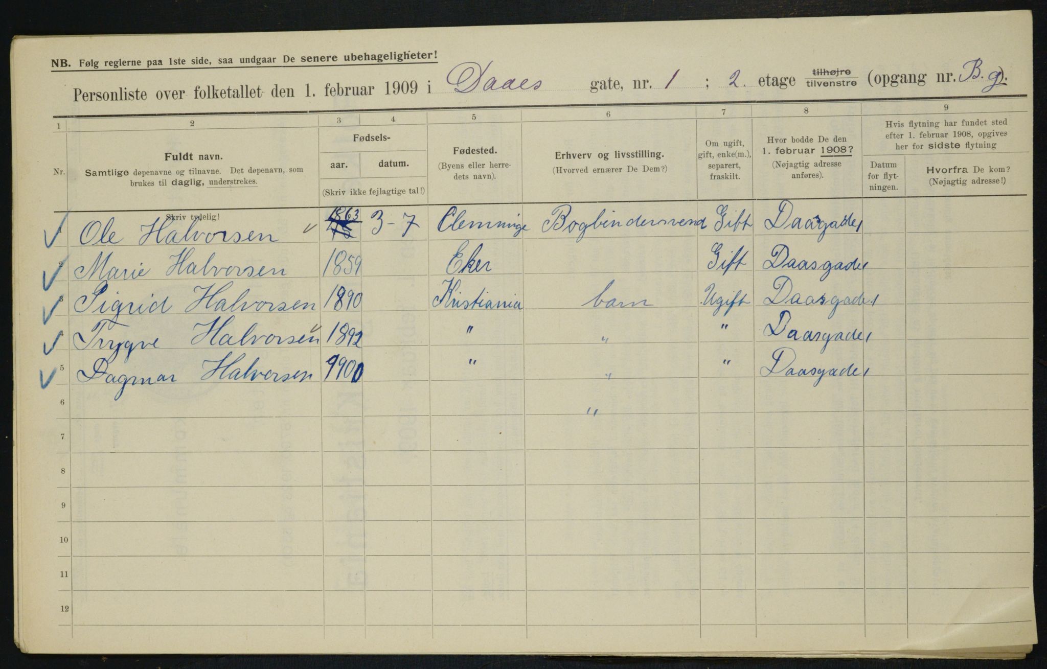 OBA, Municipal Census 1909 for Kristiania, 1909, p. 16303