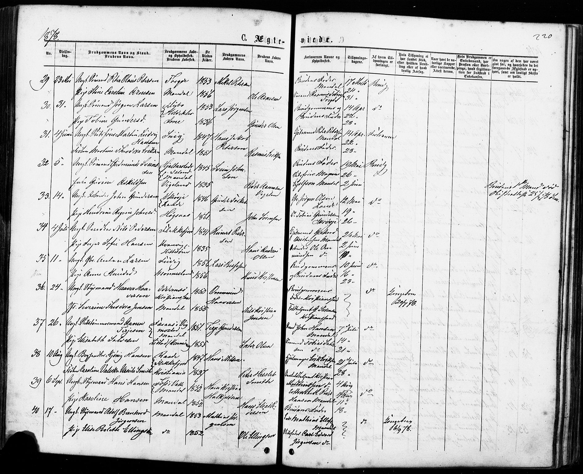 Mandal sokneprestkontor, AV/SAK-1111-0030/F/Fa/Faa/L0015: Parish register (official) no. A 15, 1873-1879, p. 220